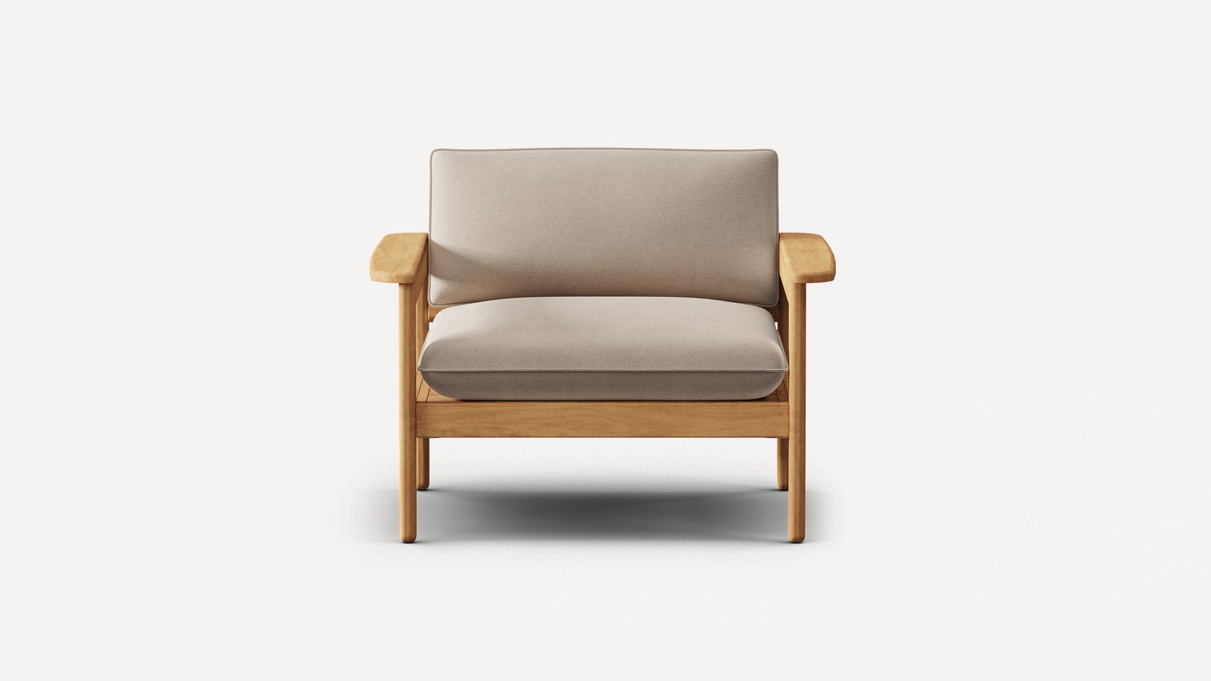Front view of a modern armchair with light beige cushions and natural wood frame and armrests on a white background.