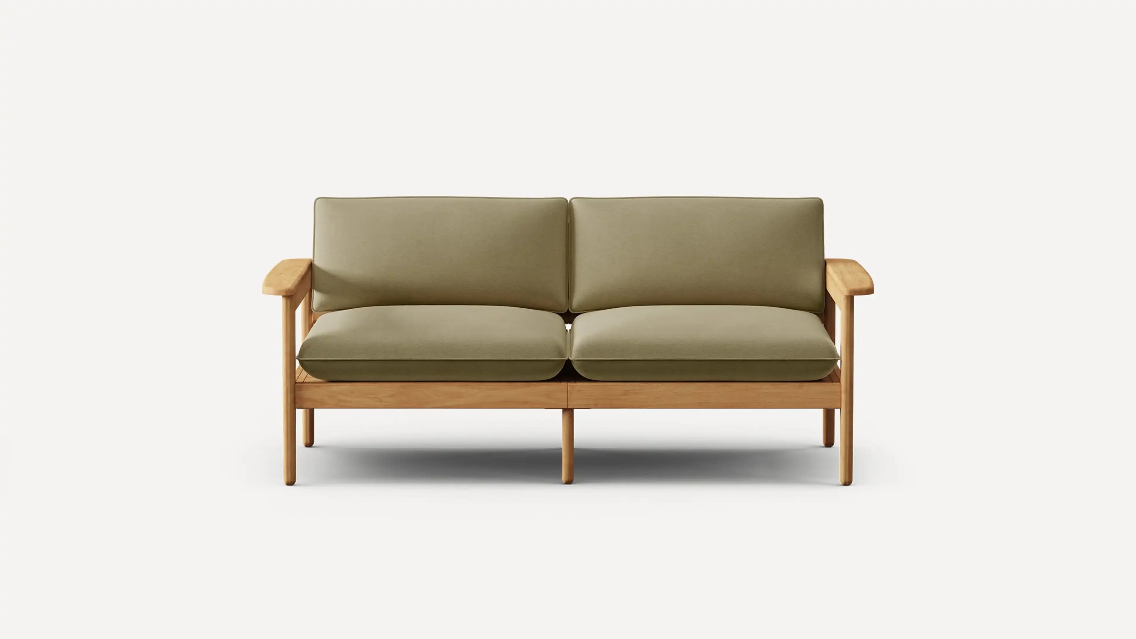 Modern two-seater sofa with olive green cushions and light wooden frame, featuring simple armrests and minimalist design.