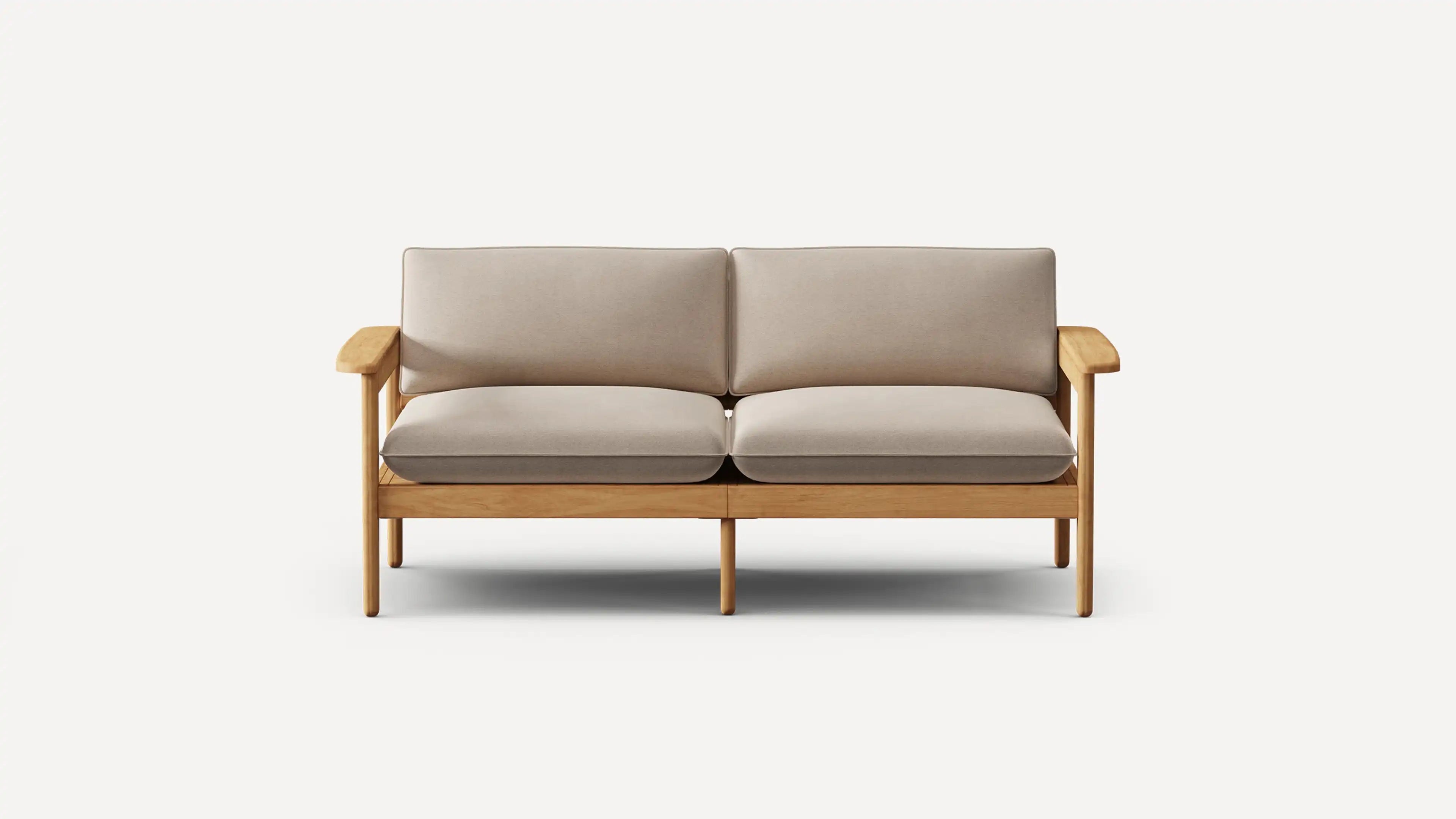 Two-seater sofa with light beige cushions and natural wood frame against a white background.