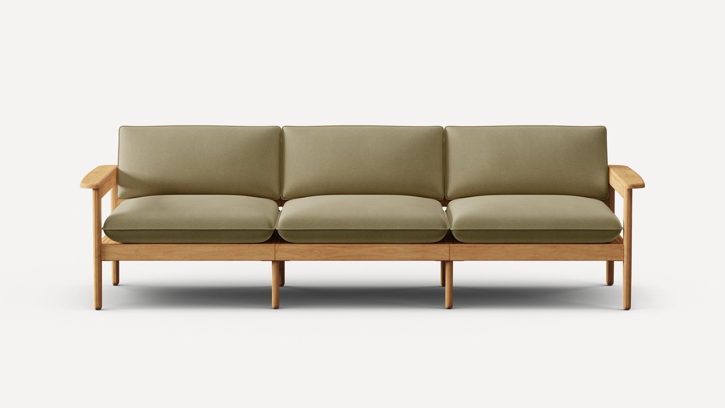 Three-seater sofa with olive green cushions and light wood frame and armrests, shown against a plain white background.