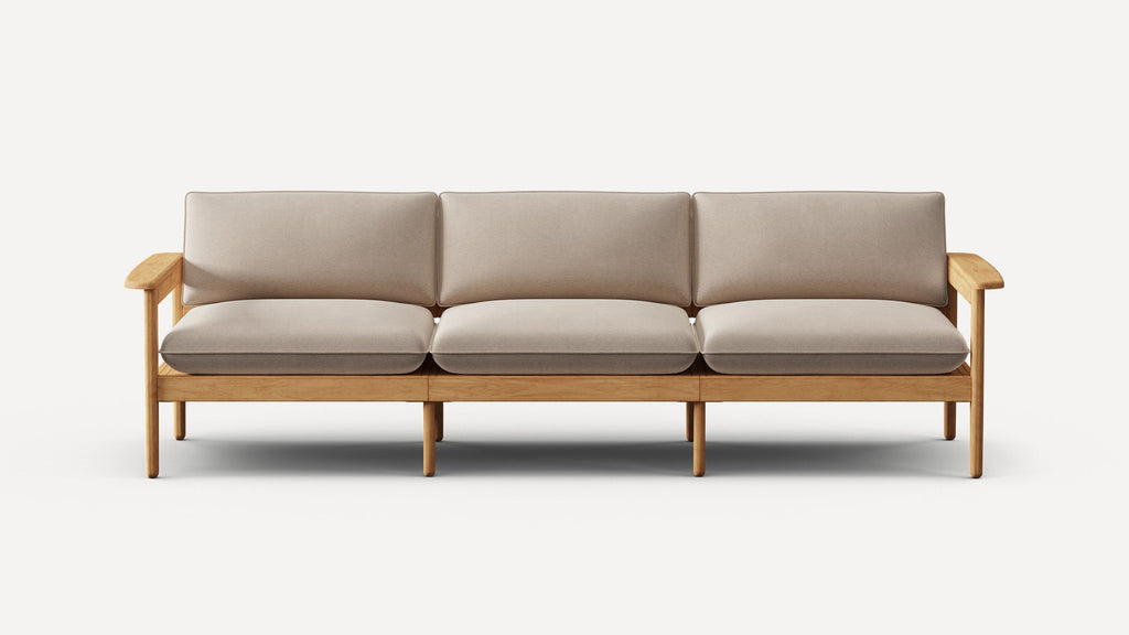 Three-seater sofa with light beige cushions and a wooden frame featuring armrests and six legs, in a minimalist style.