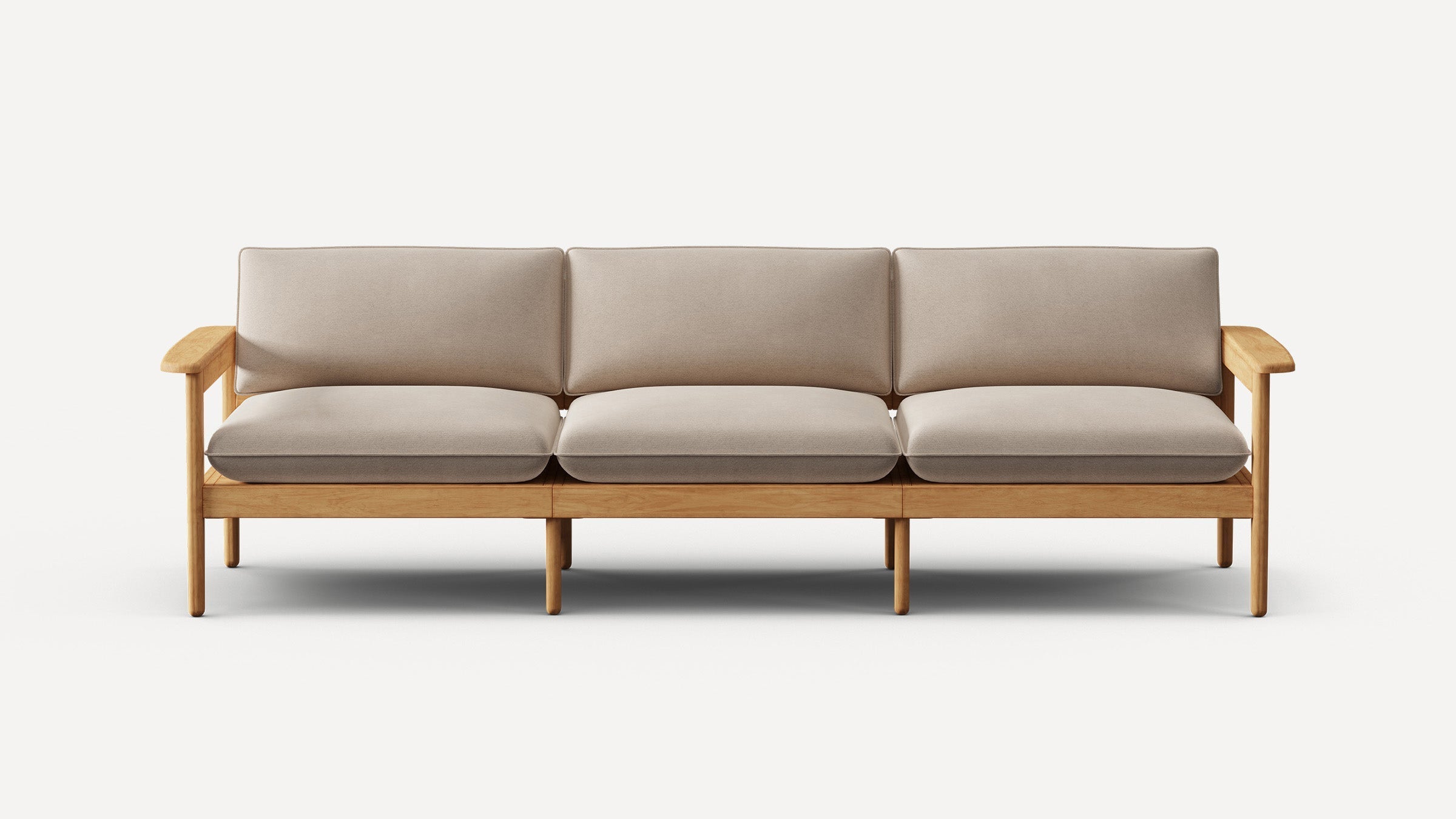 Three-seater sofa with light beige cushions and a wooden frame featuring armrests and six legs, in a minimalist style.