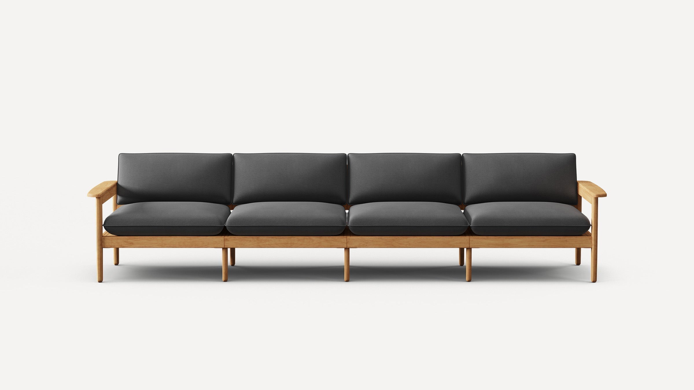 Four-seat wooden frame sofa with dark gray cushions and armrests, showcasing a minimalist modern design.