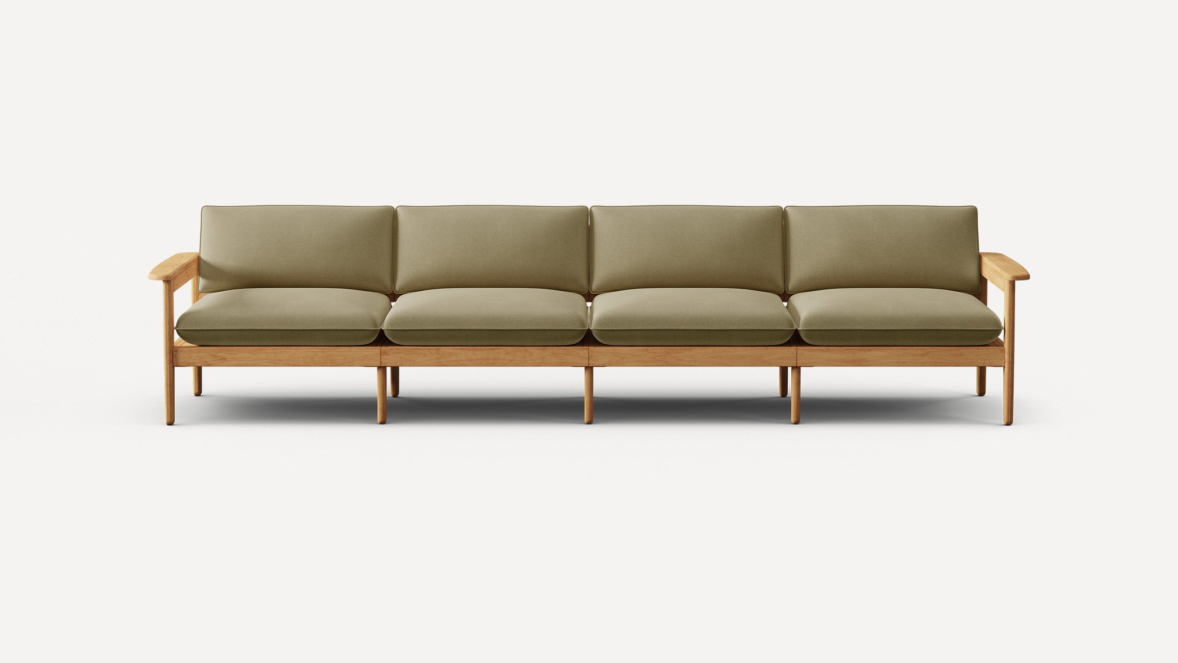 Four-seater sofa with olive green cushions and a light wooden frame, featuring armrests and extended legs.