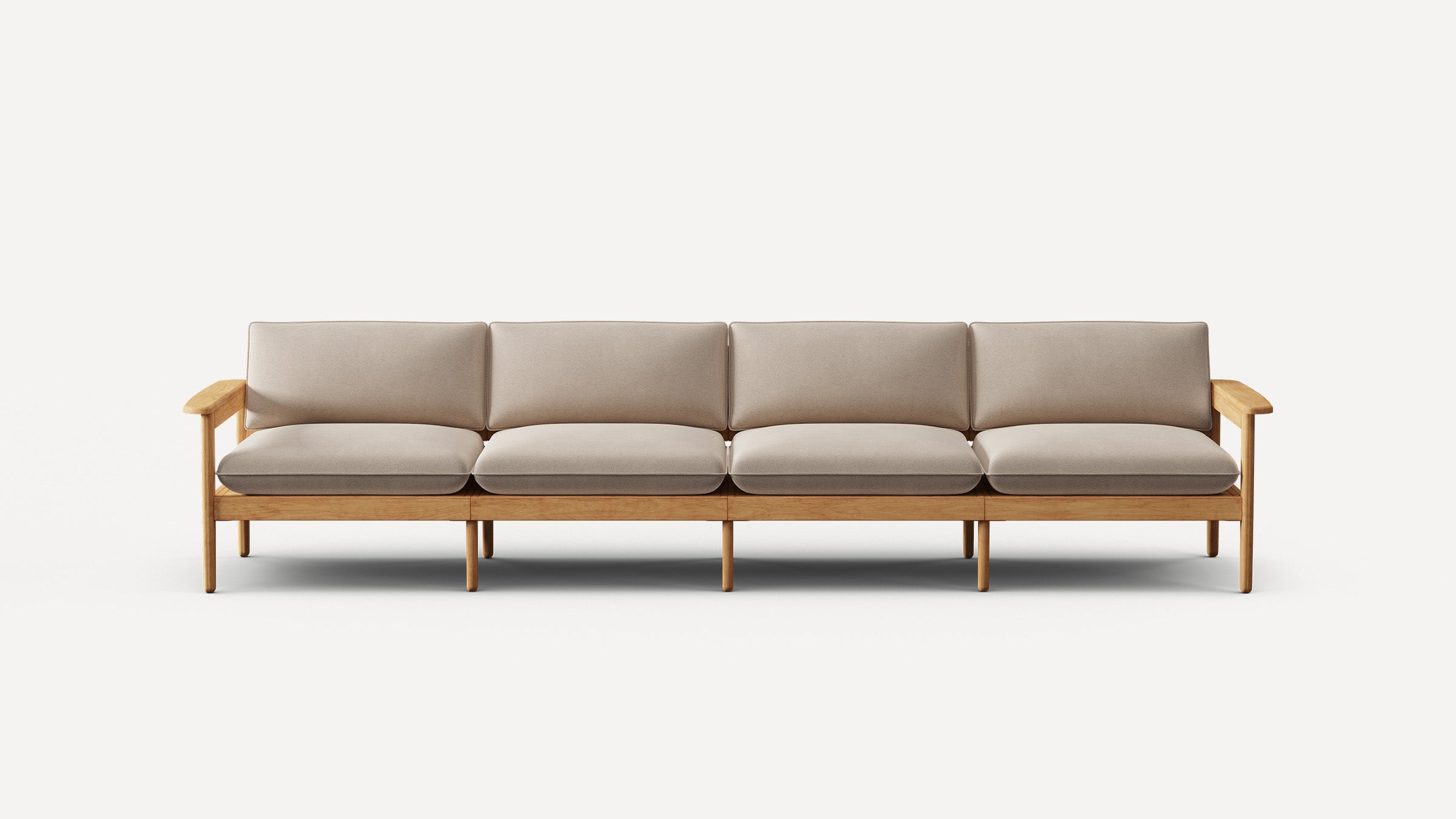 Modern four-seater sofa with light beige cushions and natural wood frame, featuring armrests and multiple legs for support.