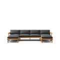 Modern sectional sofa with dark grey cushions, light wooden frame, and armrests on both ends, designed for spacious seating.