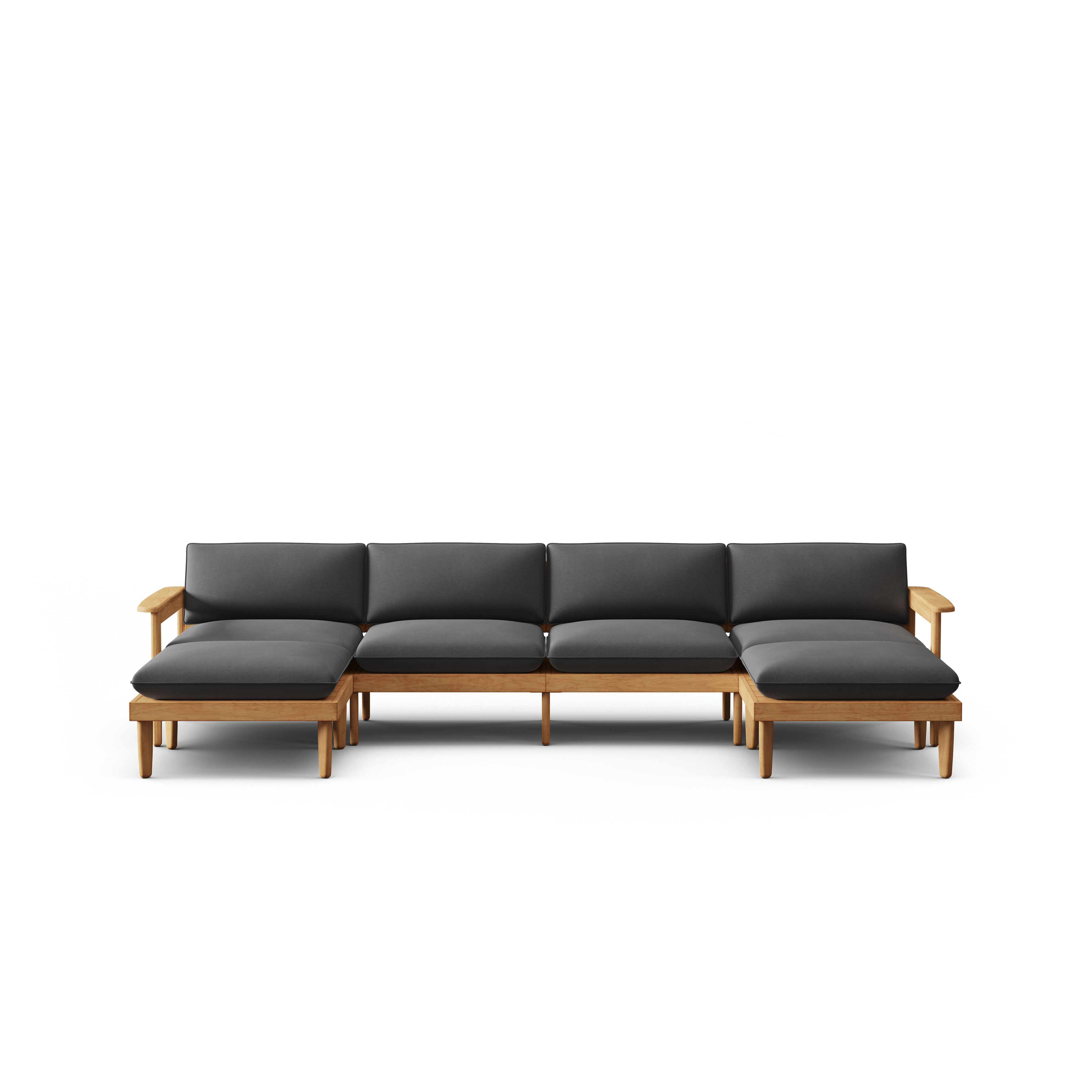 Modern sectional sofa with dark grey cushions, light wooden frame, and armrests on both ends, designed for spacious seating.