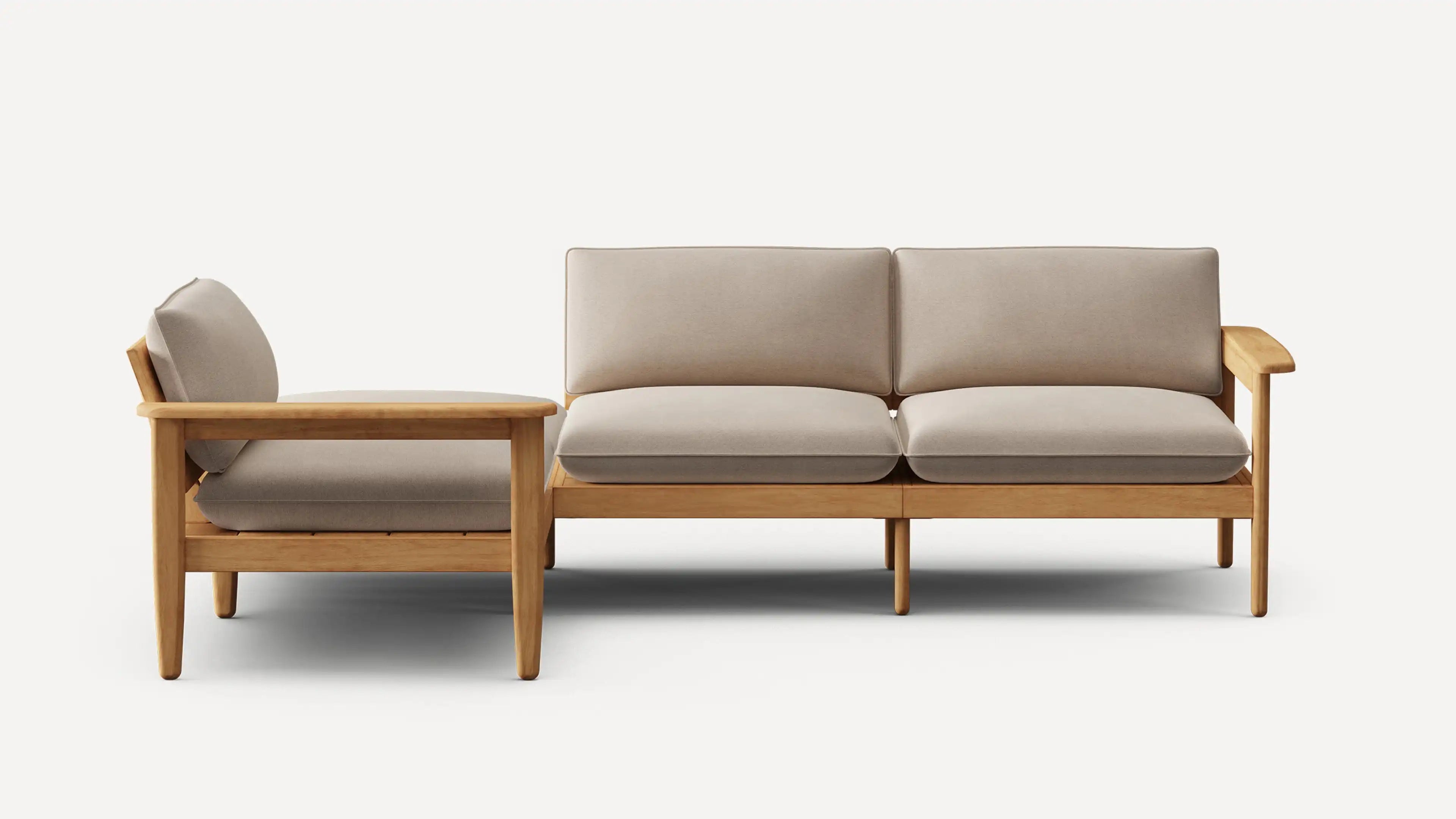 Modern two-seater sofa with beige cushions and light wood frame, featuring clean lines and minimalist design.