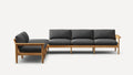 L-shaped sectional sofa with wooden frame and dark gray cushions, featuring clean lines and modern minimalist design.