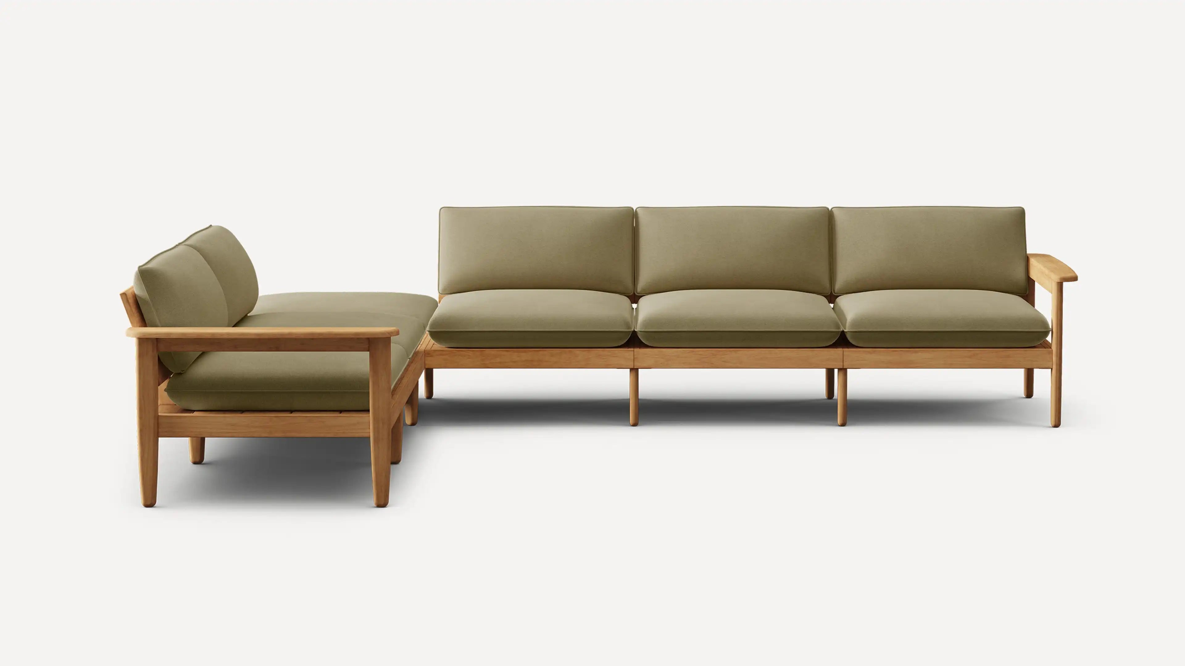 L-shaped sectional sofa with wooden frame and olive green cushioned seats and backrests, minimalist modern design.