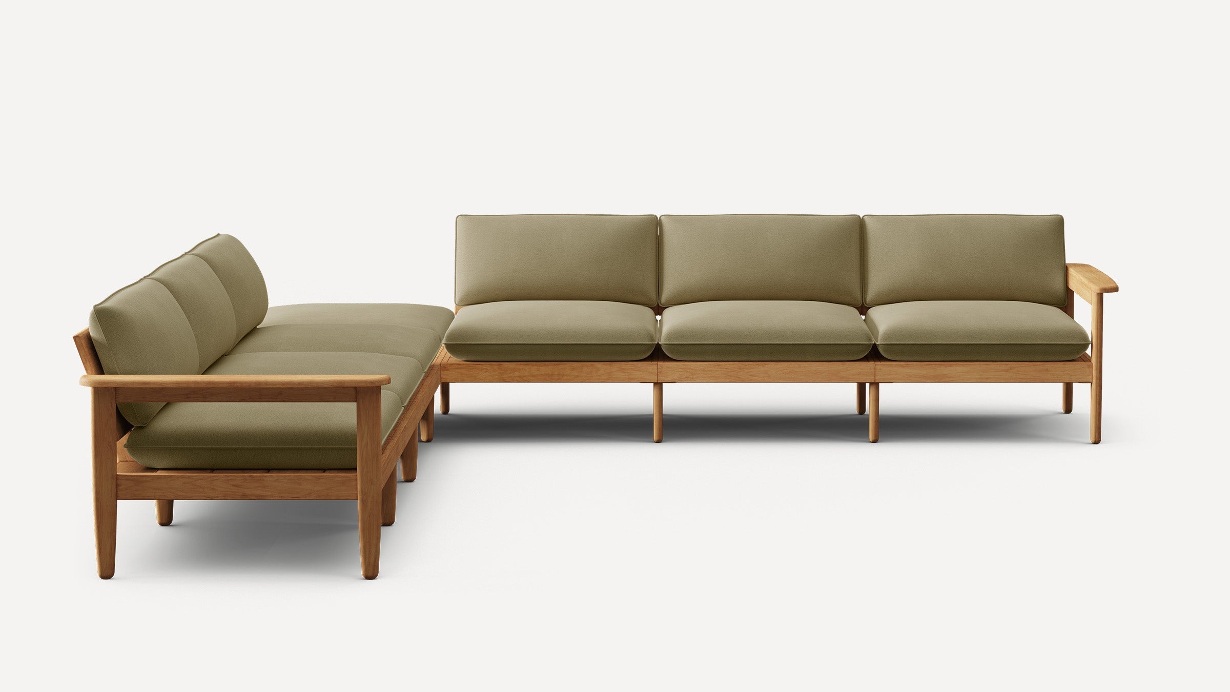 L-shaped sectional sofa with light olive green cushions and a natural wood frame, featuring clean lines and modern design.