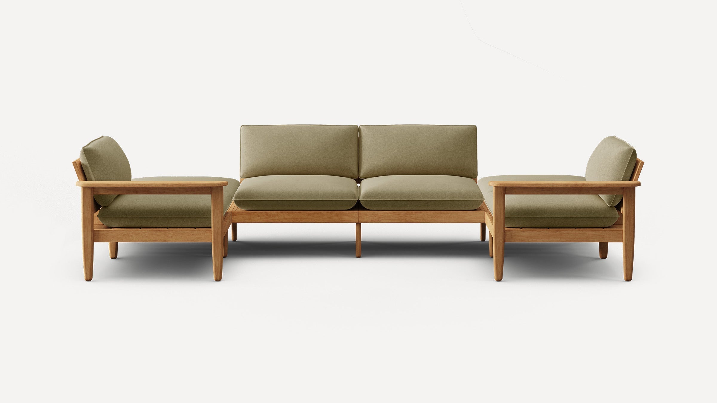 Modern L-shaped sectional sofa with light olive green cushions and natural wood frame, showcasing clean lines and minimalist design.