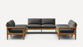 Modern L-shaped sectional sofa with smooth dark gray cushions and a natural wood frame, offering spacious seating.
