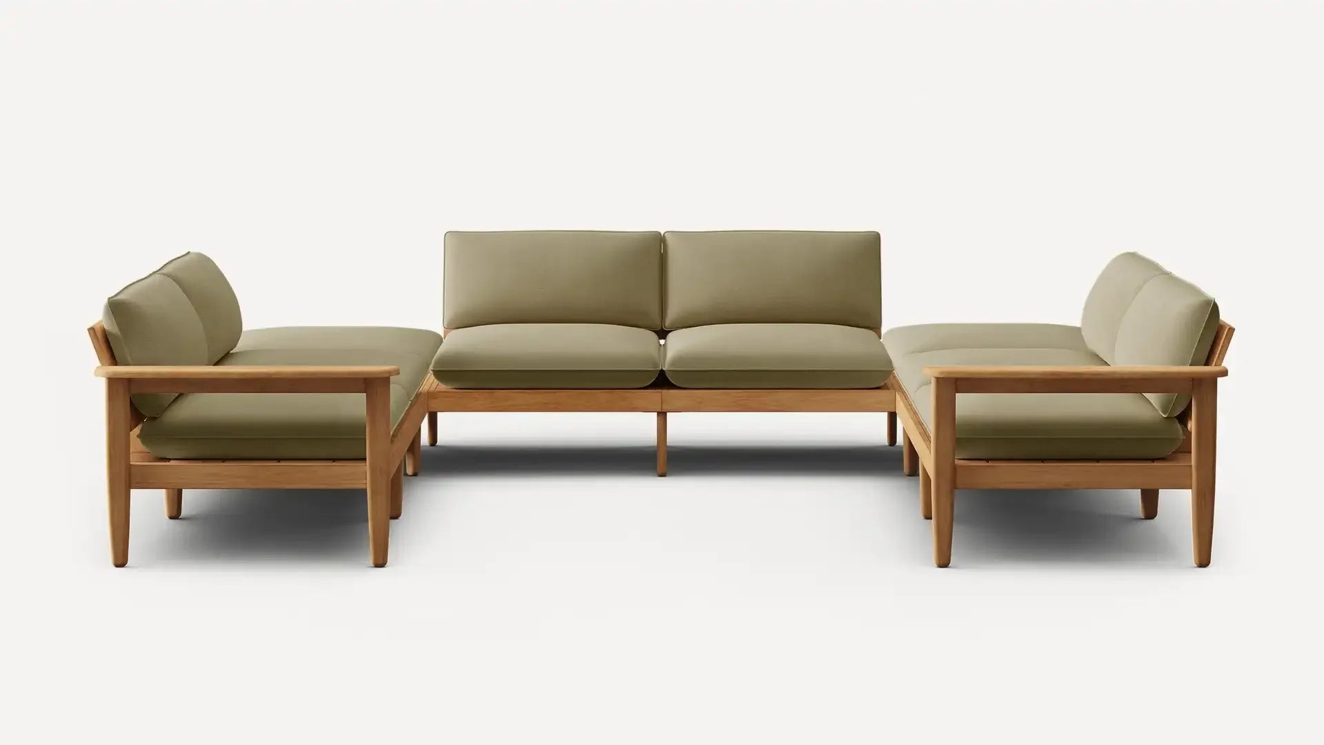 Modern L-shaped sectional sofa with olive green cushions and light wooden frame on a white background.