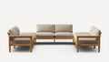 Modern L-shaped sectional sofa with beige cushions and wooden frame, featuring clean lines and minimalistic design.