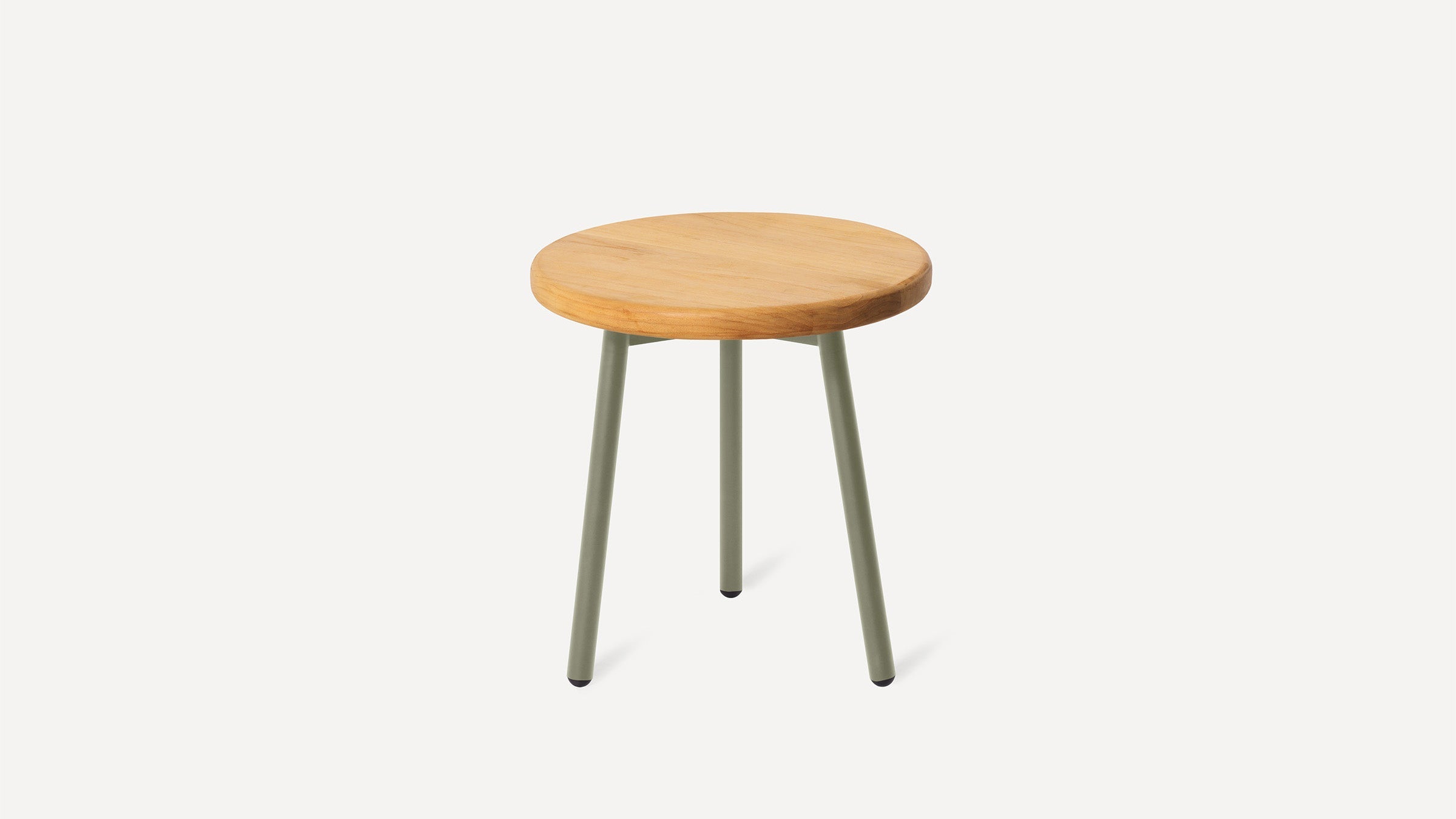a small wooden stool with metal legs and a light green top