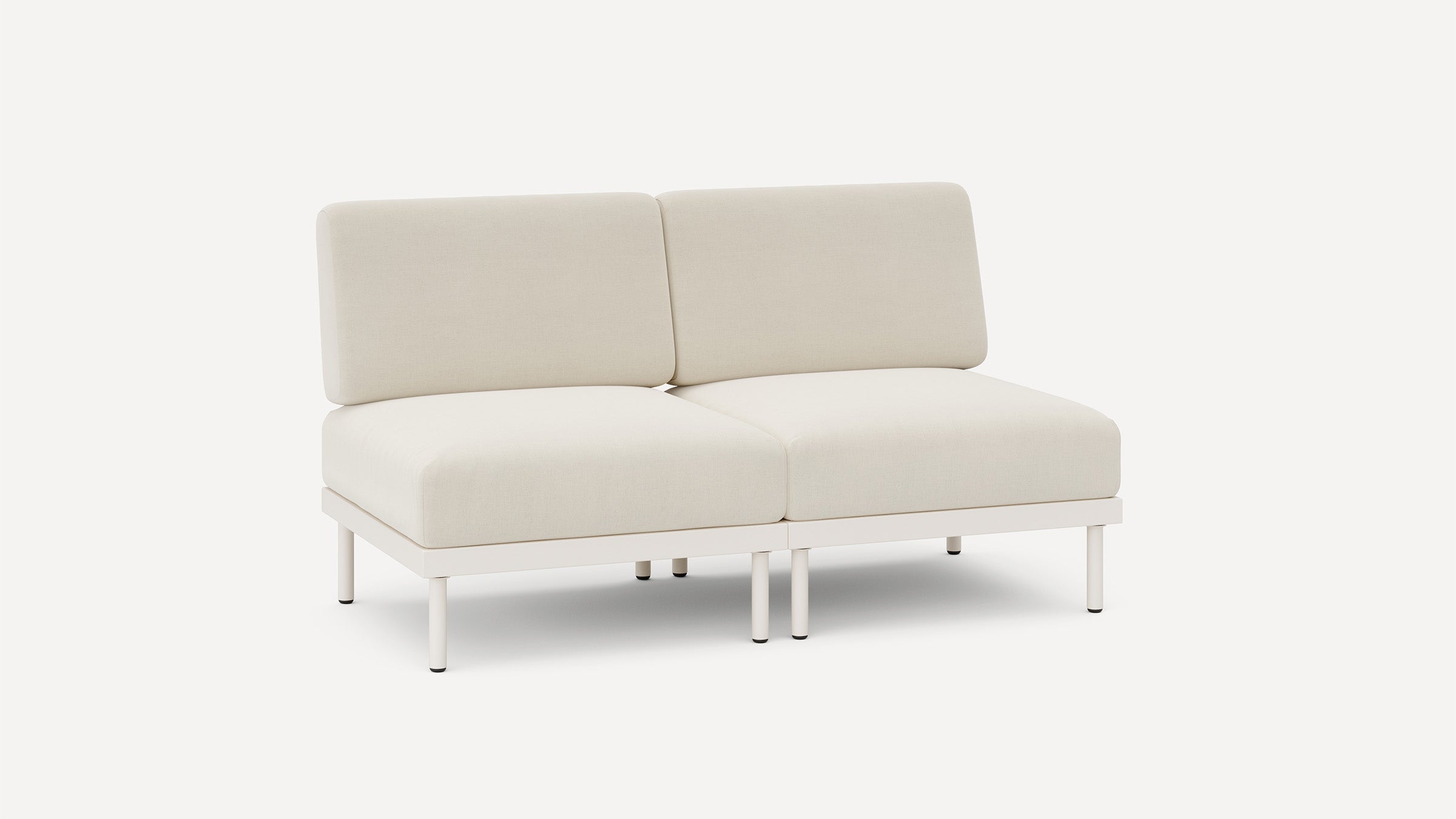 modern white two - seater sofa with metal legs and a clean, minimalist design, featuring a deep cushion and sleek lines