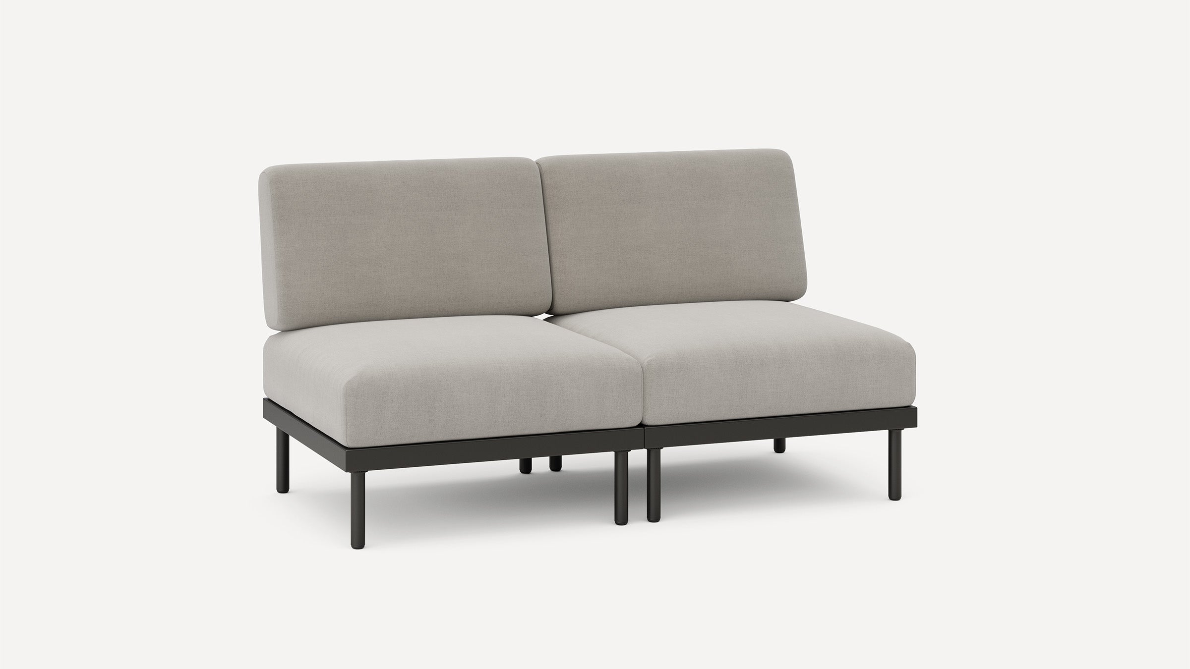 modern two - seater sofa with black metal legs and a light gray fabric upholstery, featuring a sleek backrest and a sleek back