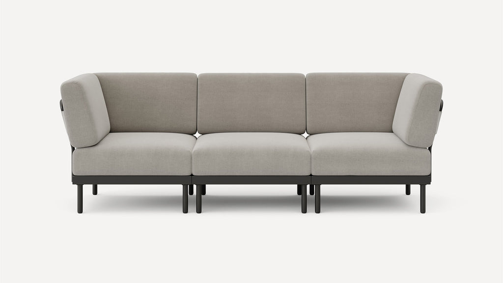 modern light gray fabric sofa with black metal legs and clean lines on the back, featuring a clean, minimalist design