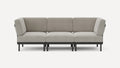modern light gray fabric sofa with black metal legs and clean lines on the back, featuring a clean, minimalist design