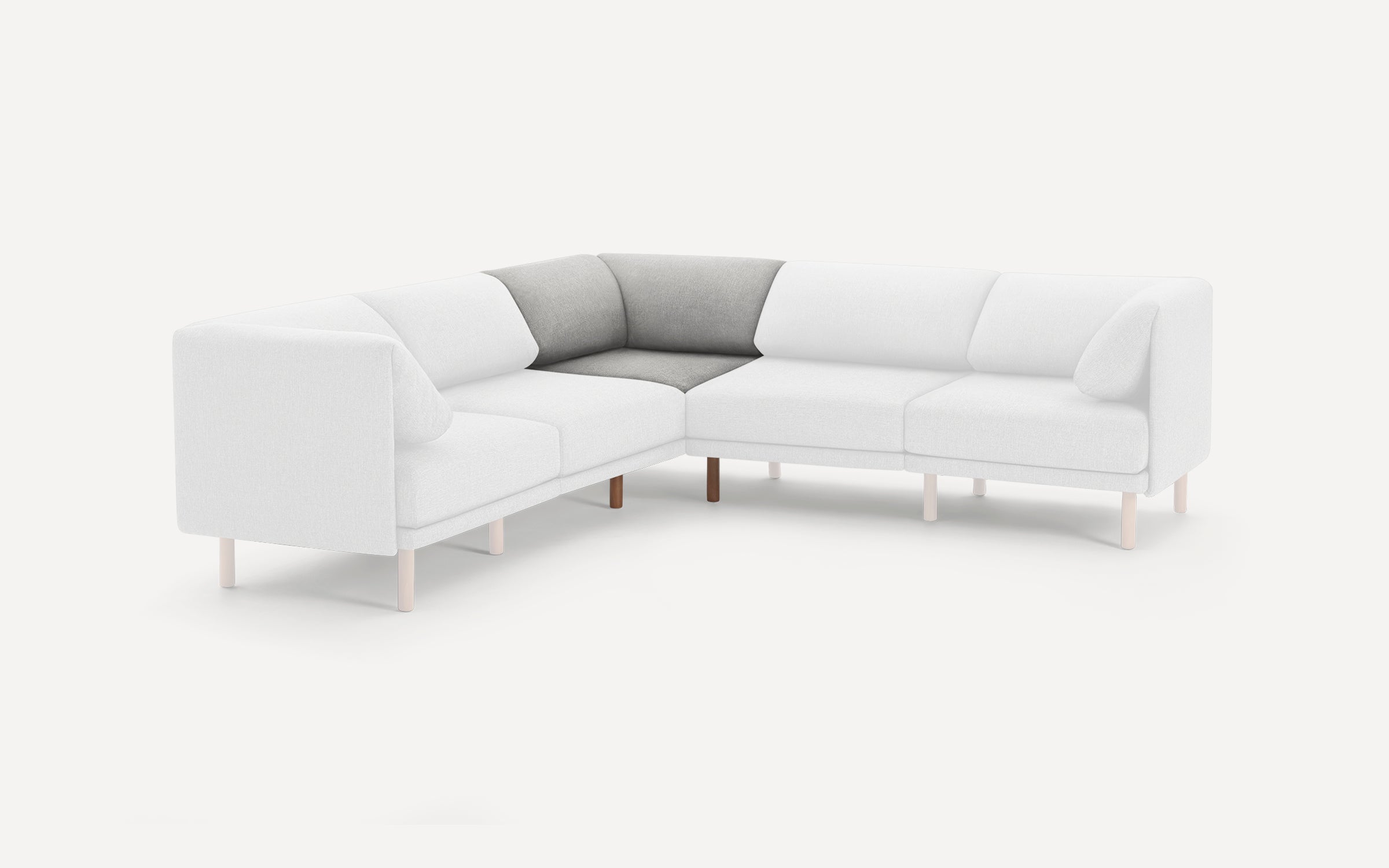 Modern L-shaped sectional sofa with light upholstery, wooden legs, and a contrasting gray corner cushion, clean minimalist design.