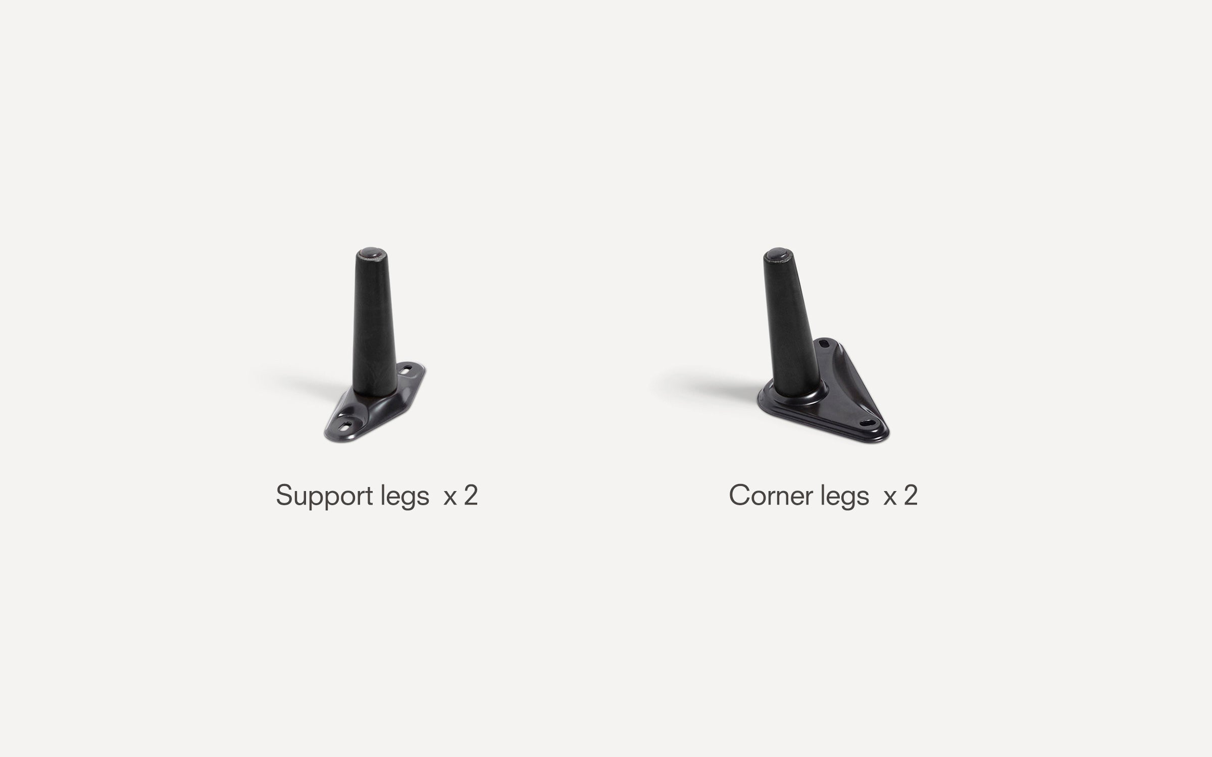 Two sets of black metal furniture legs on a white background, labeled "Support legs x 2" and "Corner legs x 2".