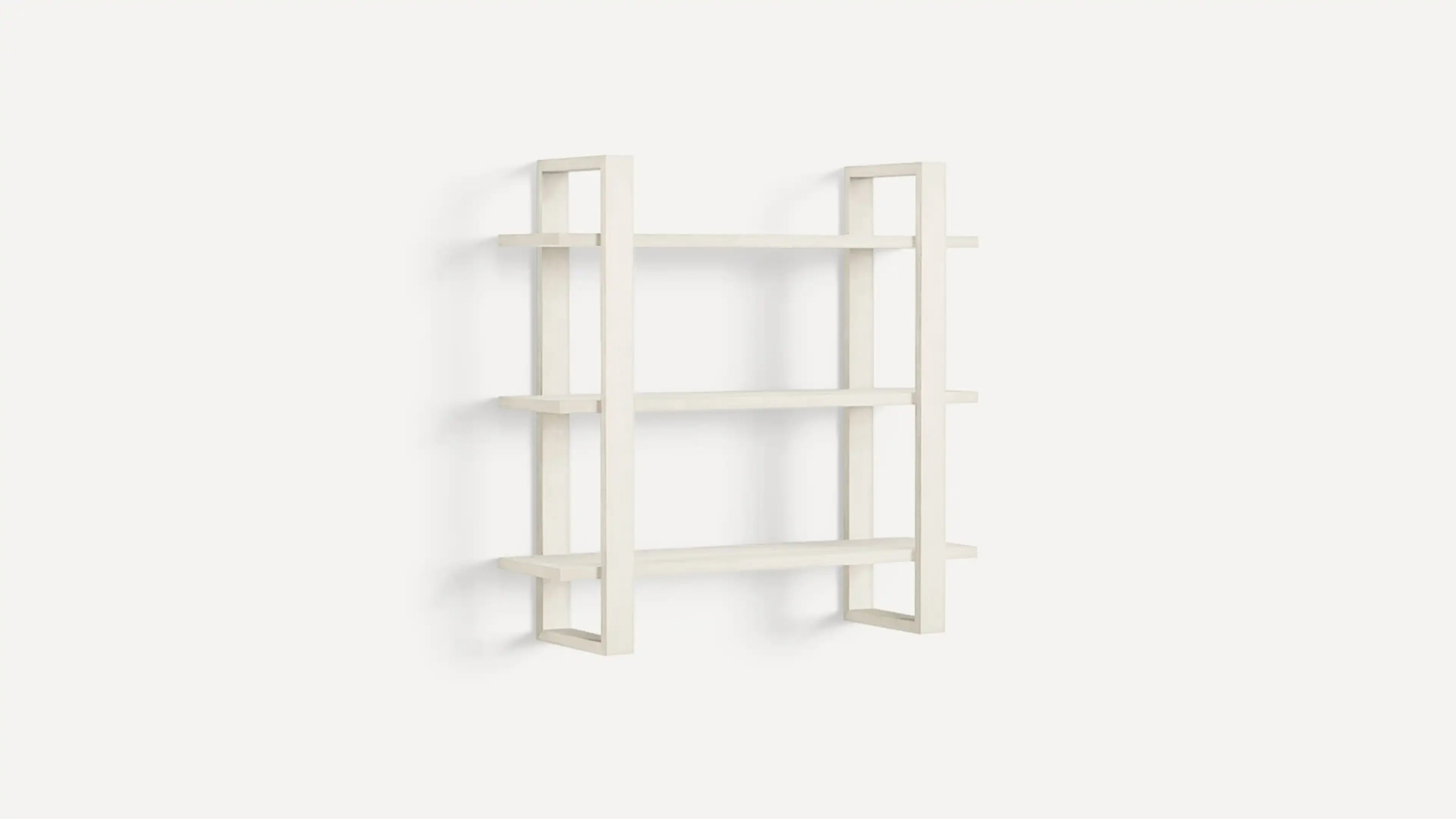 Three-tier white wooden wall shelf with open rectangular side supports, minimalist and modern design.