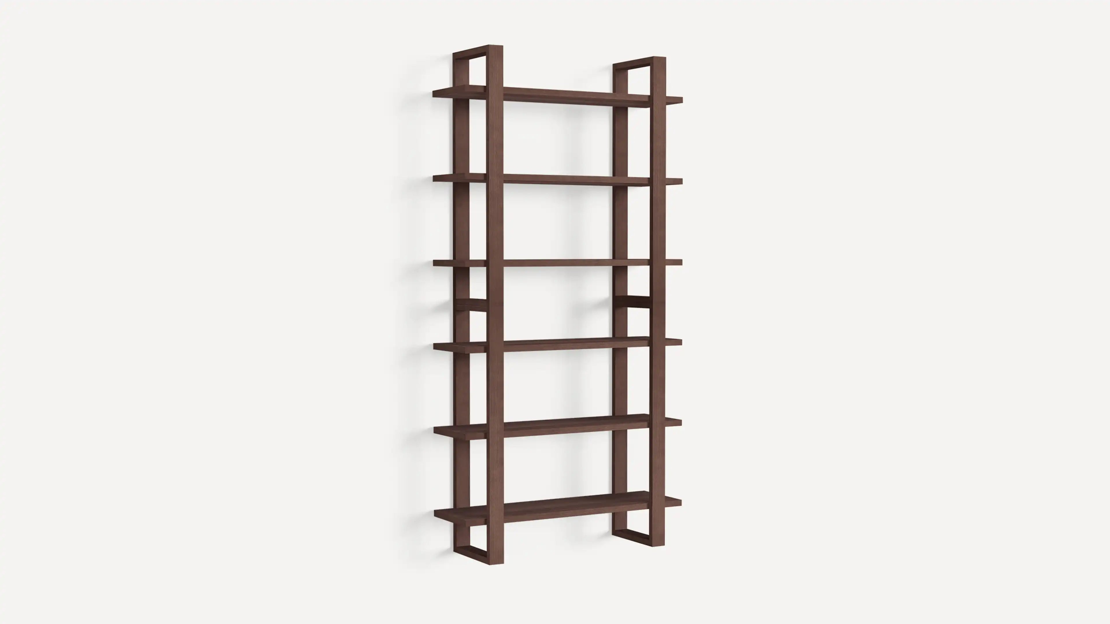 Modern dark wood wall-mounted bookshelf with five open shelves and vertical support panels on each side.