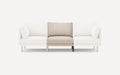 Modern three-seater sofa with white cushions on left and right, and a beige cushion in the center, featuring slim legs.
