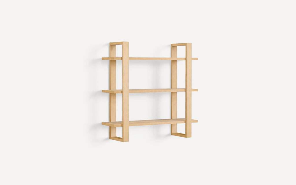 Wall-mounted wooden shelf unit with three horizontal shelves and open rectangular side frames in a natural light oak finish.