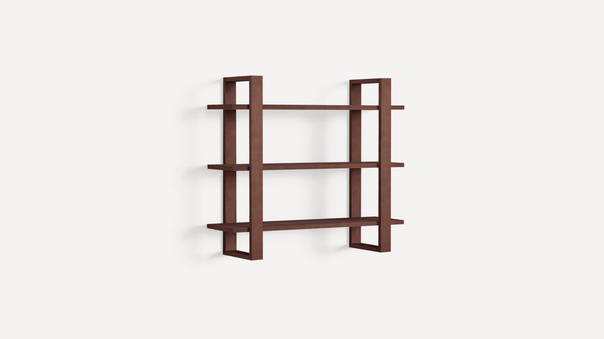 Wall-mounted modern dark brown wooden bookshelf with three horizontal shelves and open rectangular frame sides.