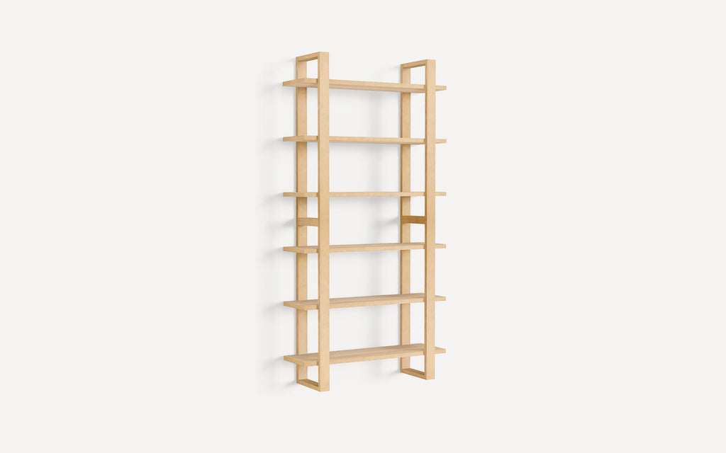 Light wooden wall-mounted bookshelf with five evenly spaced shelves and a minimalist open-frame design.