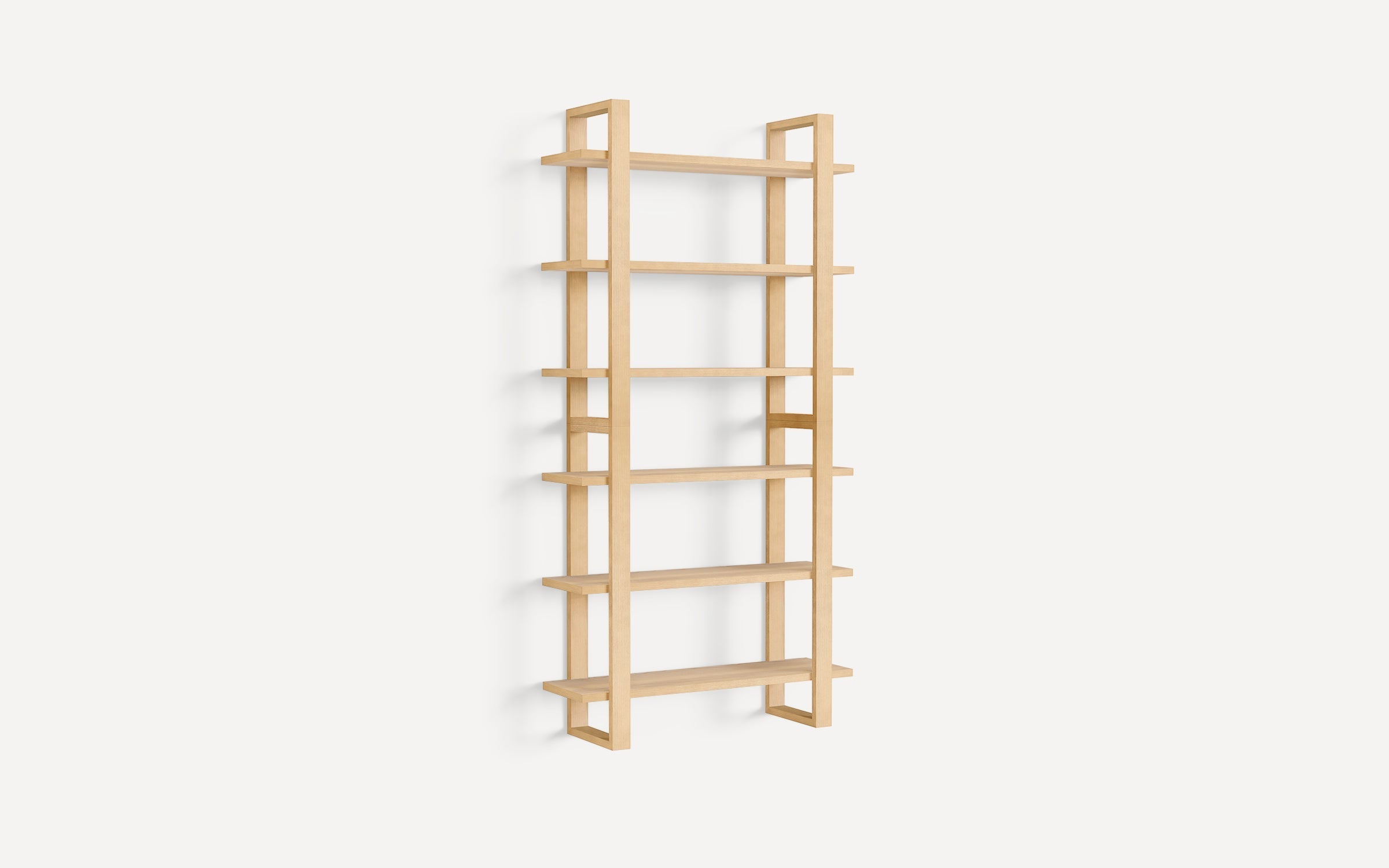 Light wooden wall-mounted bookshelf with five evenly spaced shelves and a minimalist open-frame design.