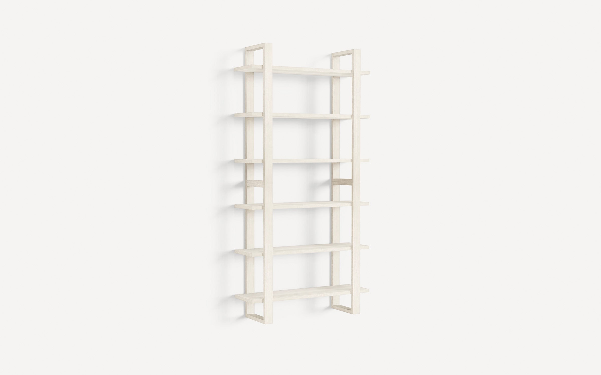 Tall, light wood bookshelf with five horizontal shelves and open rectangular side frames, designed for wall mounting.