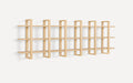 Modern light wood wall-mounted shelving unit with three horizontal shelves supported by six vertical rectangular frames.