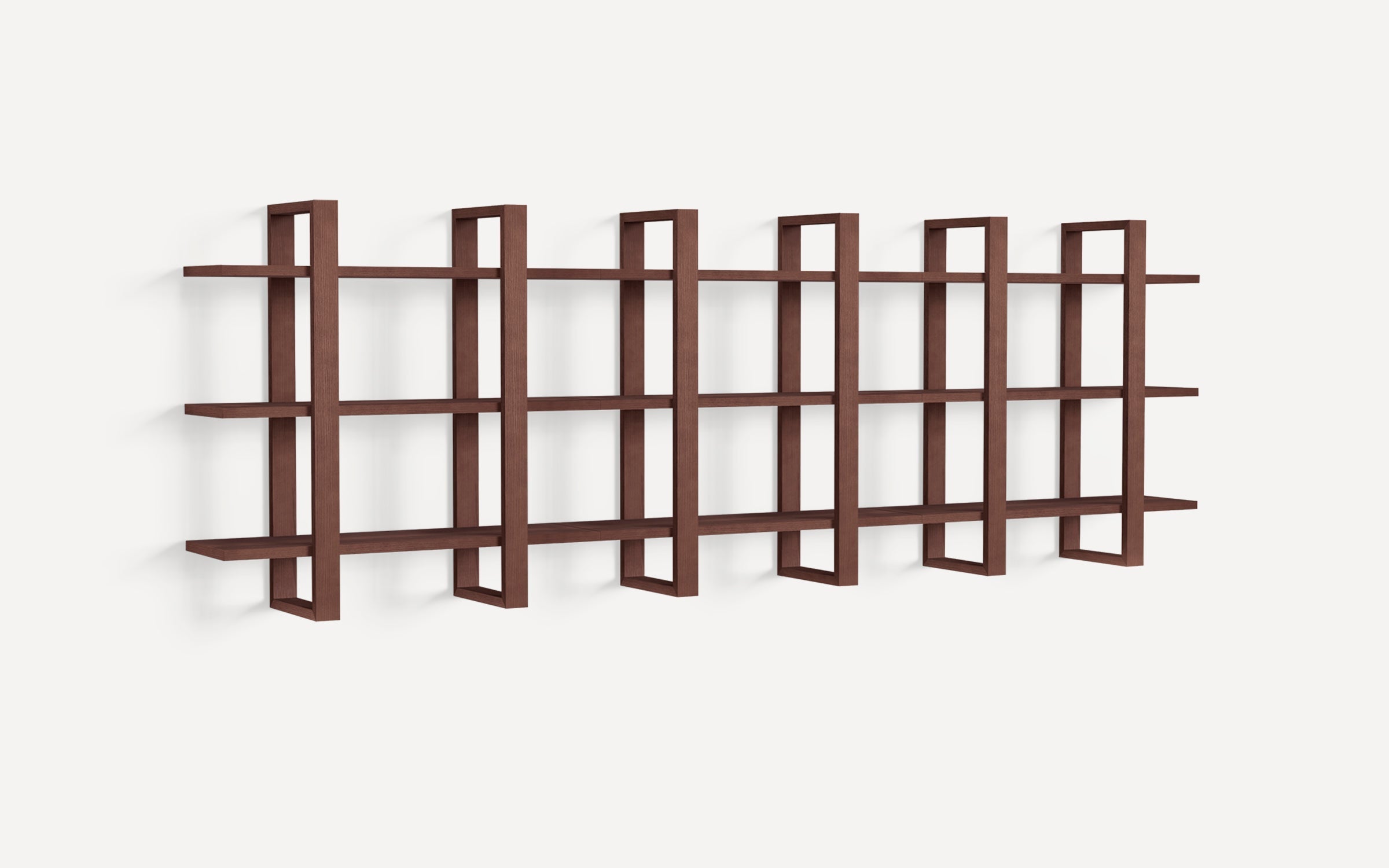 Modern wall-mounted wooden shelving unit with multiple horizontal shelves and rectangular vertical supports in a dark brown finish.
