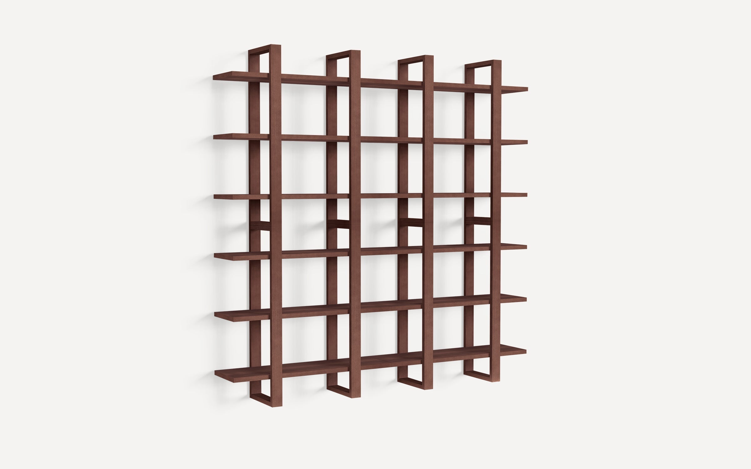 Modern wall-mounted bookshelf with a dark wood finish featuring a grid-like open-frame design and multiple horizontal shelves.