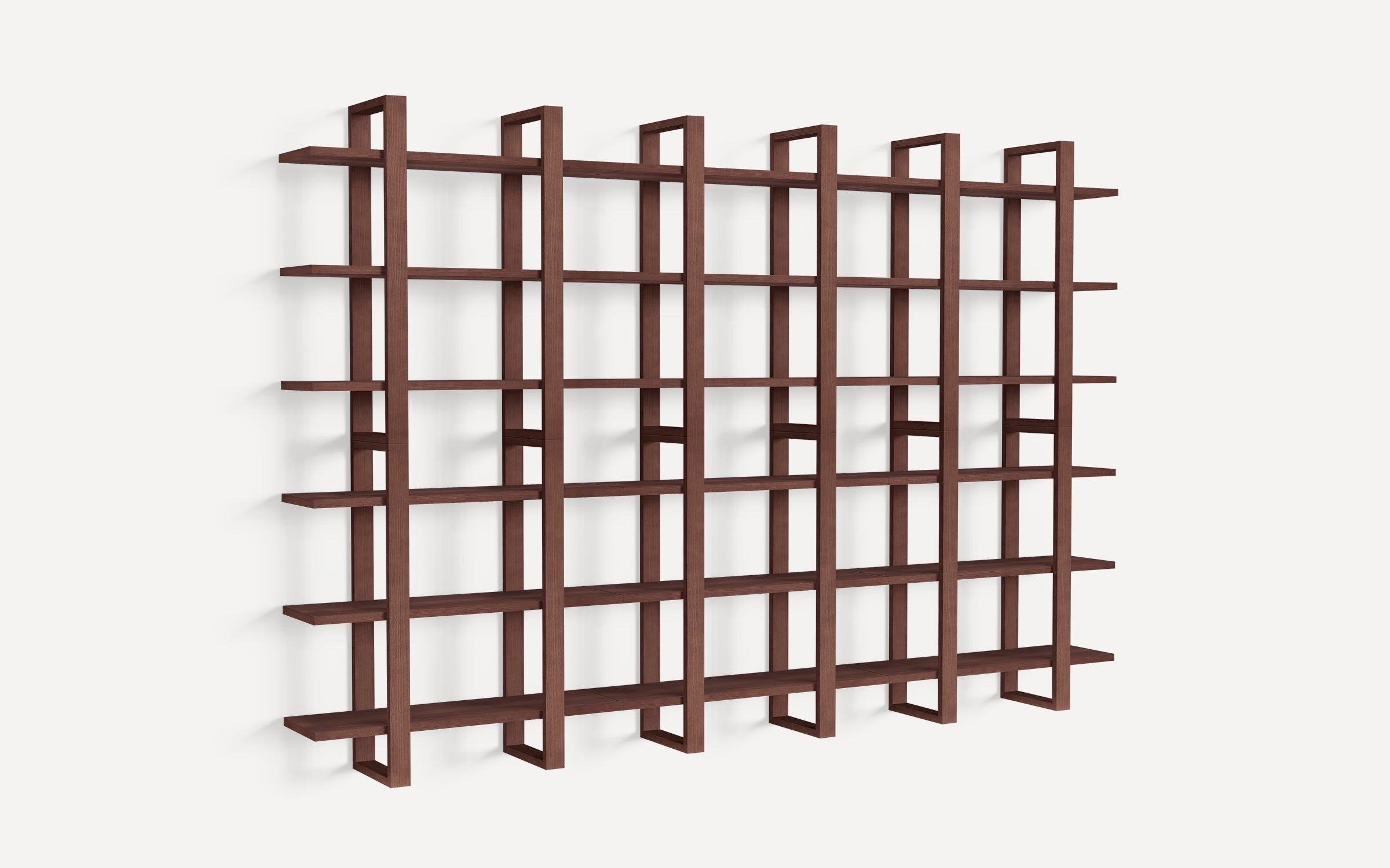 Wall-mounted wooden bookshelf with a grid-like design, featuring multiple horizontal and vertical shelves in a dark brown finish.