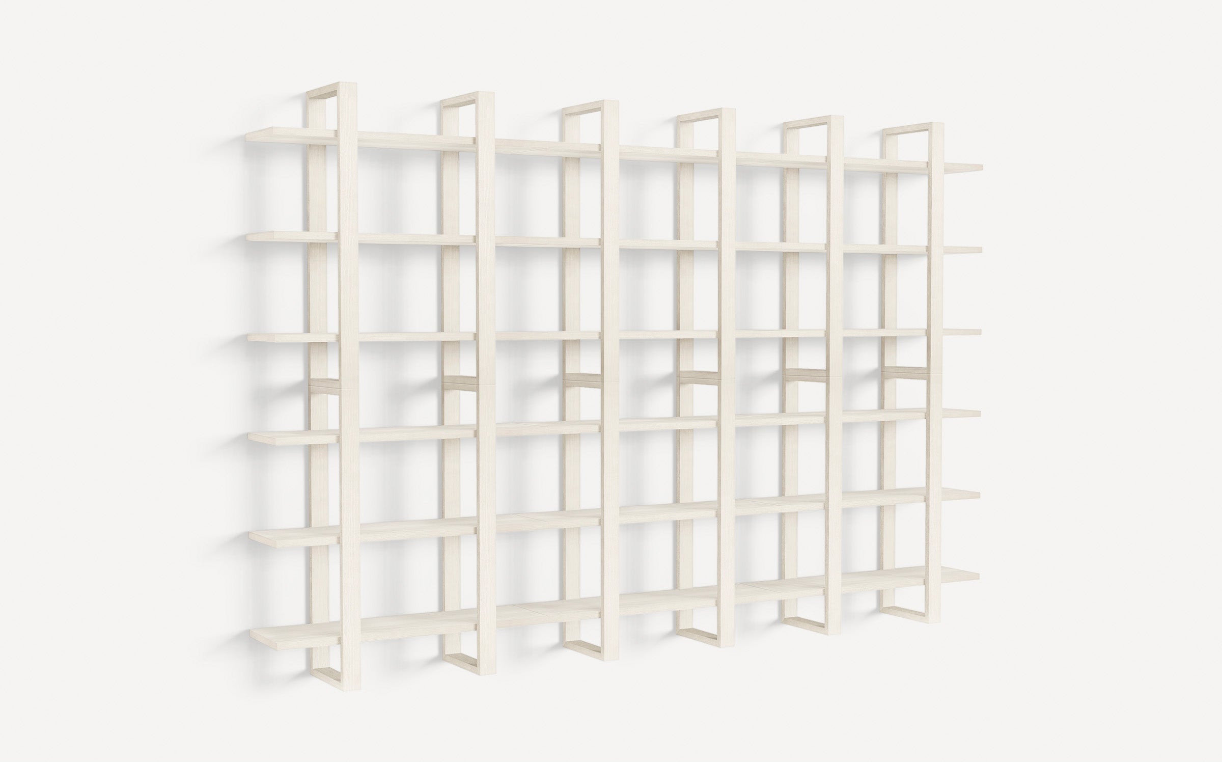 Wall-mounted light wood shelving unit with multiple horizontal shelves and vertical supports, designed for storage and display.