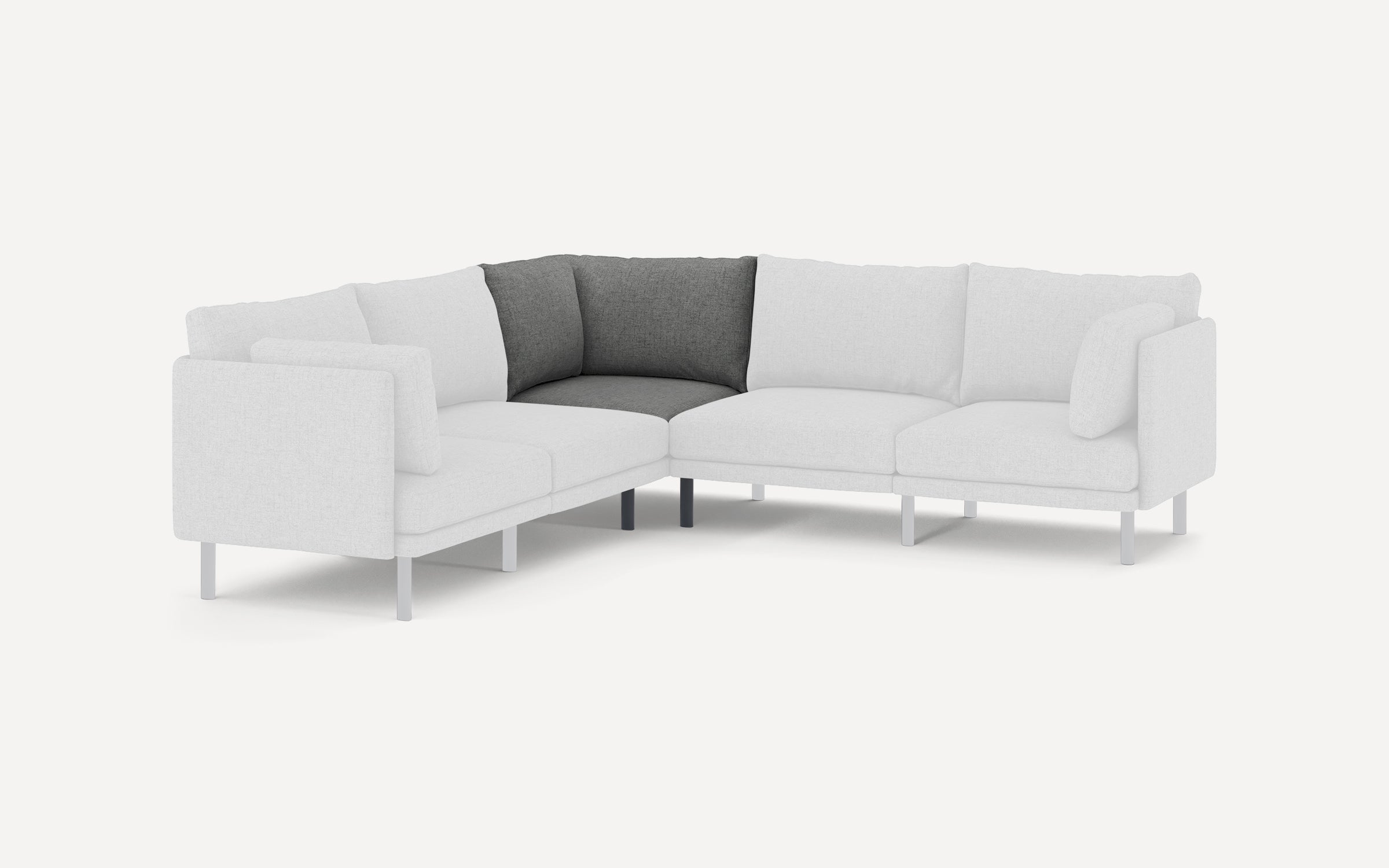 L-shaped modern sectional sofa with light fabric upholstery and contrasting dark gray cushions in the corner seating area.