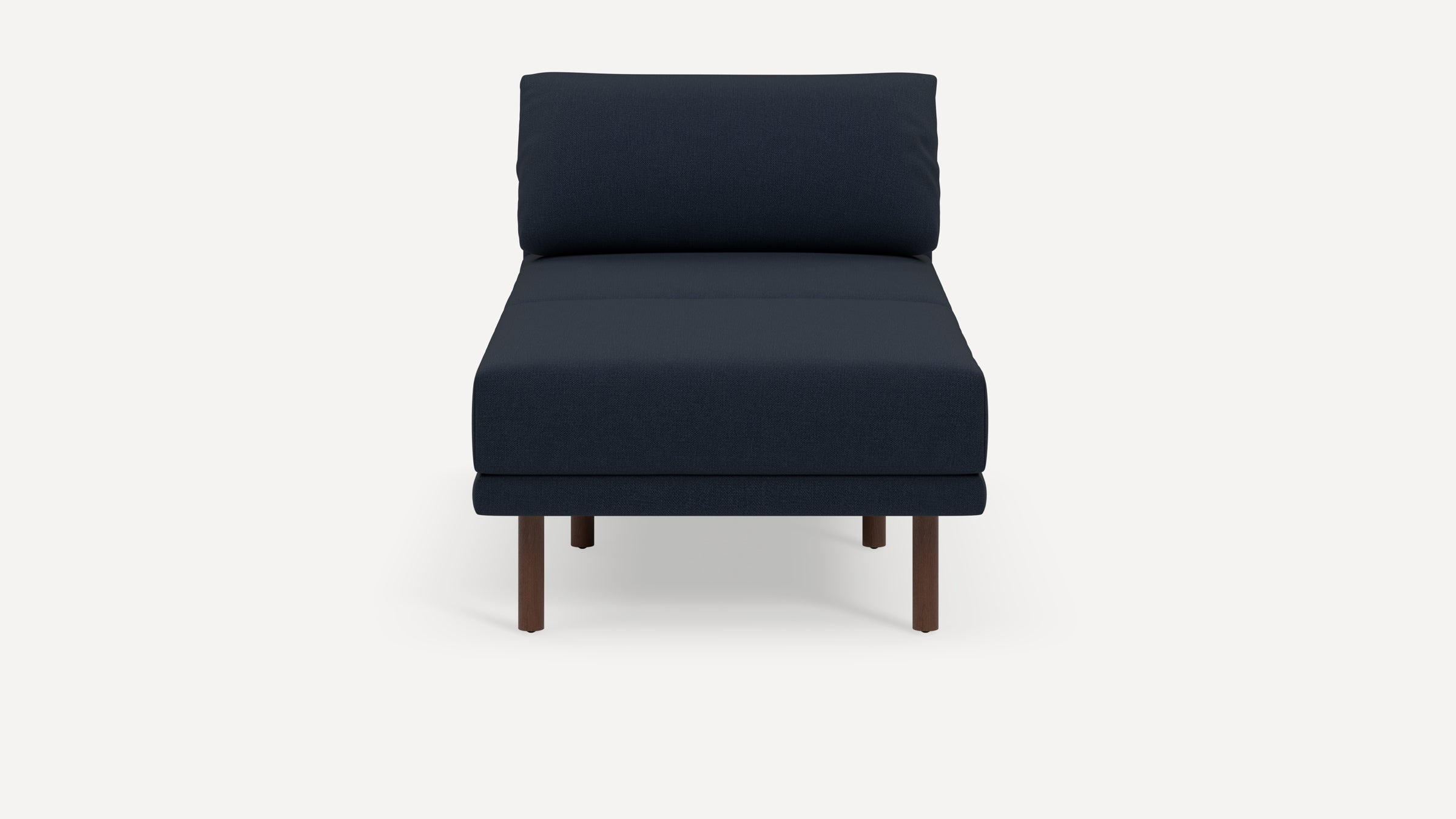 Front view of a modern dark blue armless chaise lounge chair with wooden legs on a white background.