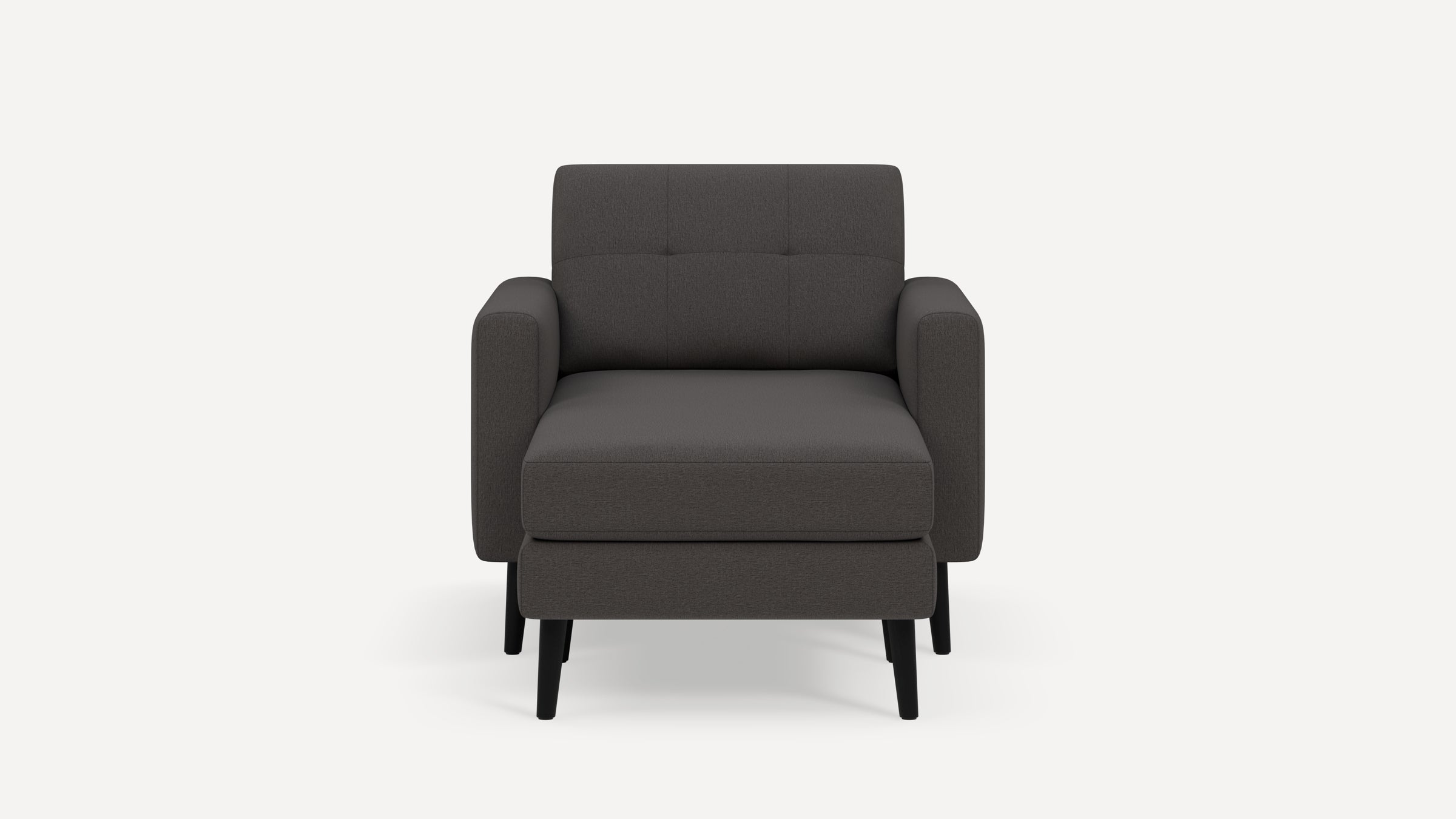 Front view of a modern dark gray armchair with squared arms, cushioned backrest, and black tapered legs on a white background.