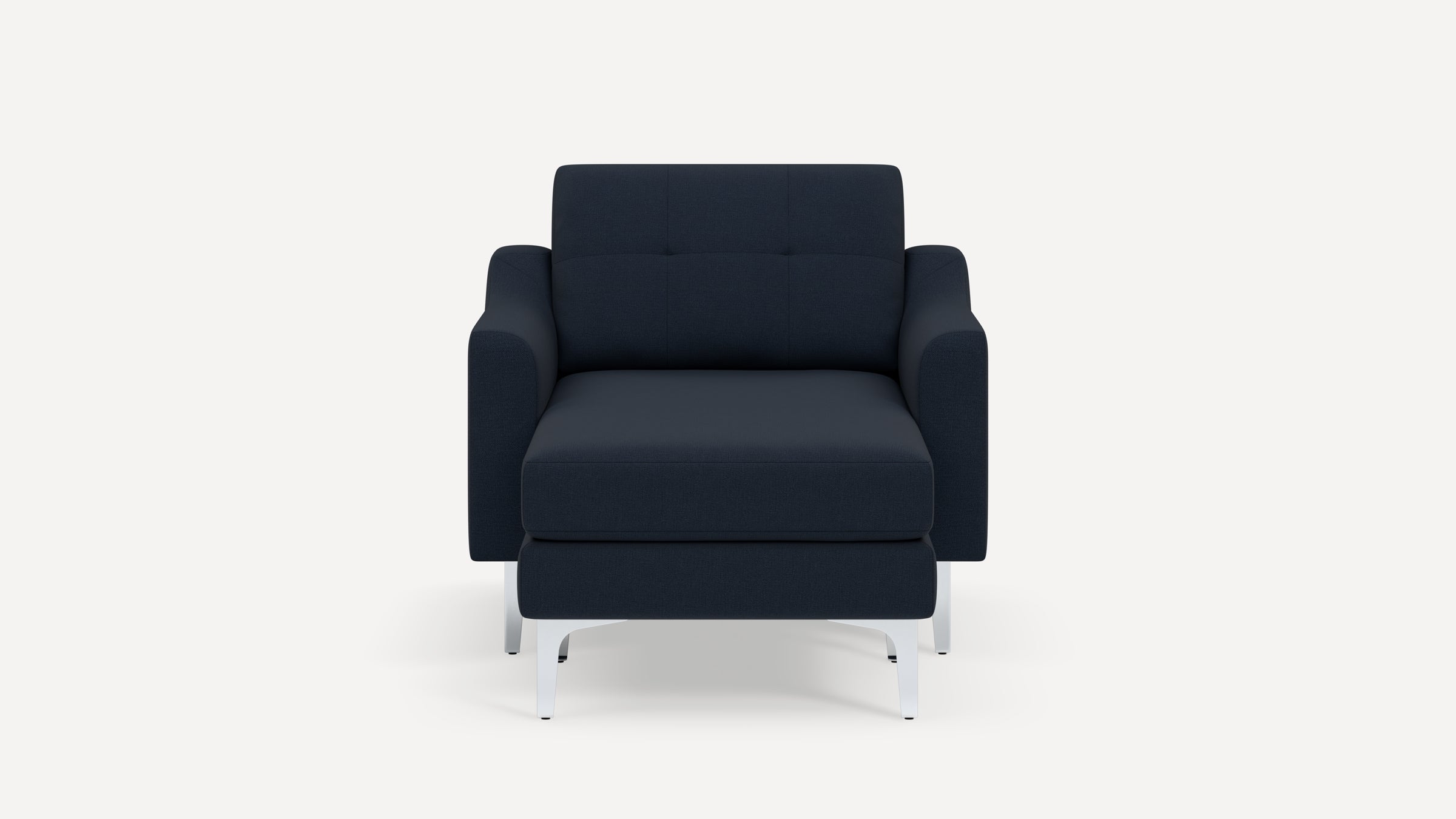 Front view of a modern navy blue armchair with metal legs and cushioned seat and backrest.