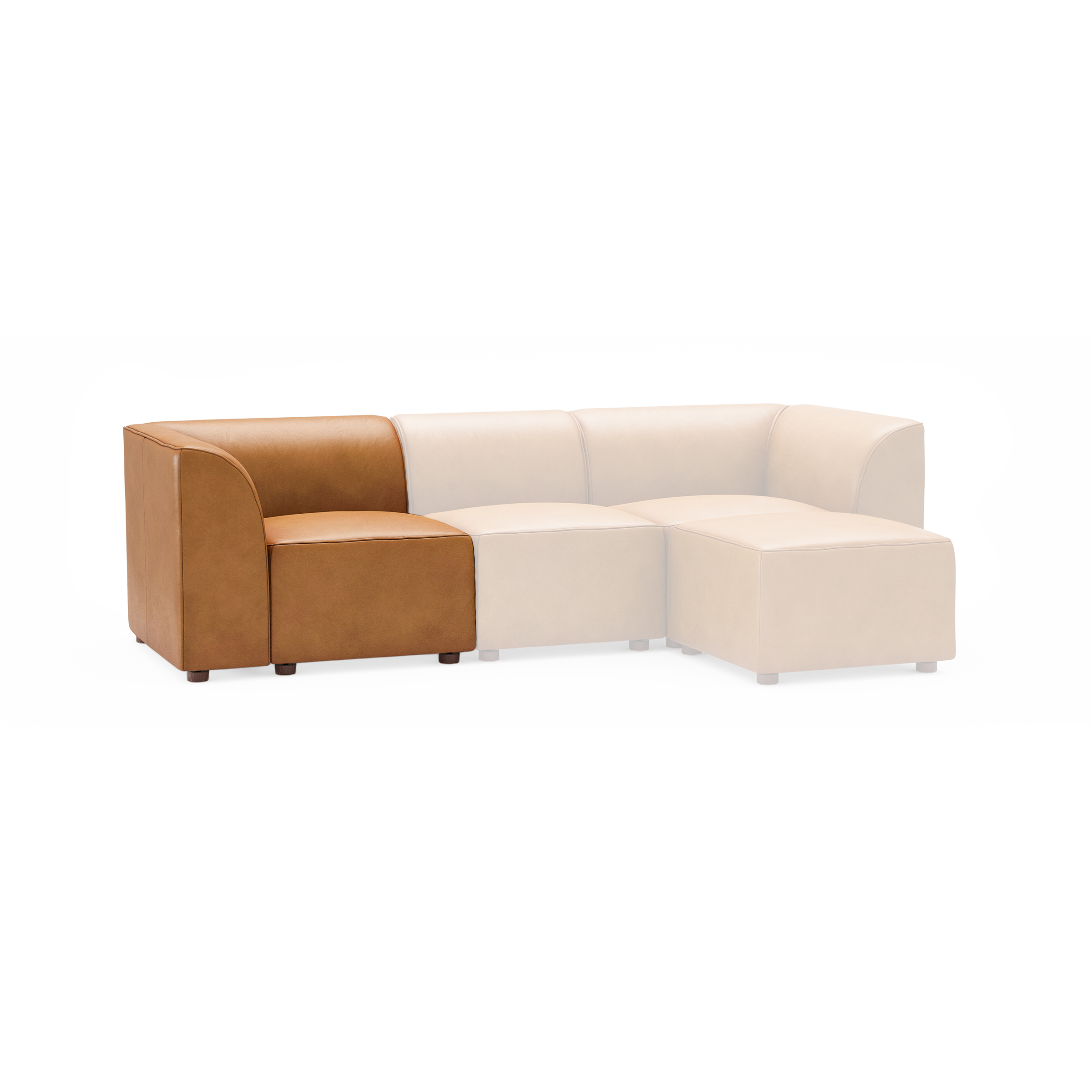 Sectional sofa with a tan leather corner piece and the rest in a light beige color, modern and upholstered design.