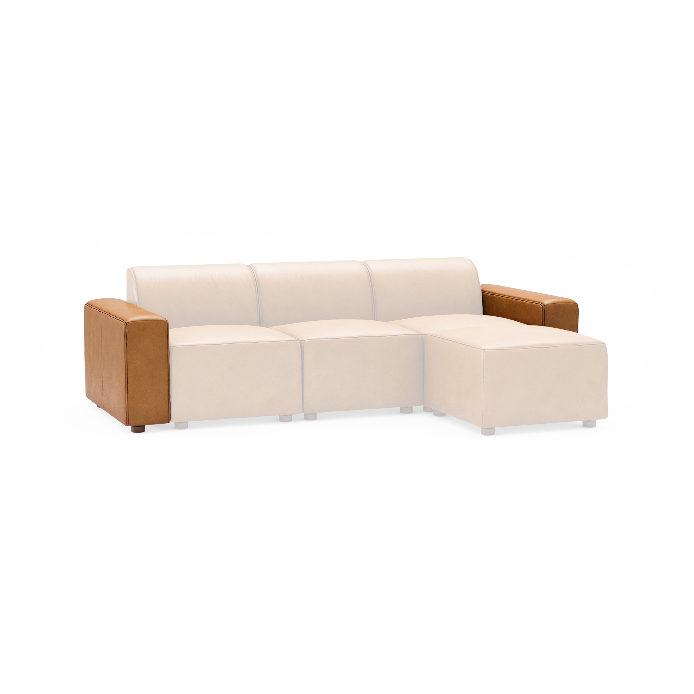 Modern sectional sofa with cream cushions and contrasting brown leather armrests, featuring a right-sided chaise lounge.