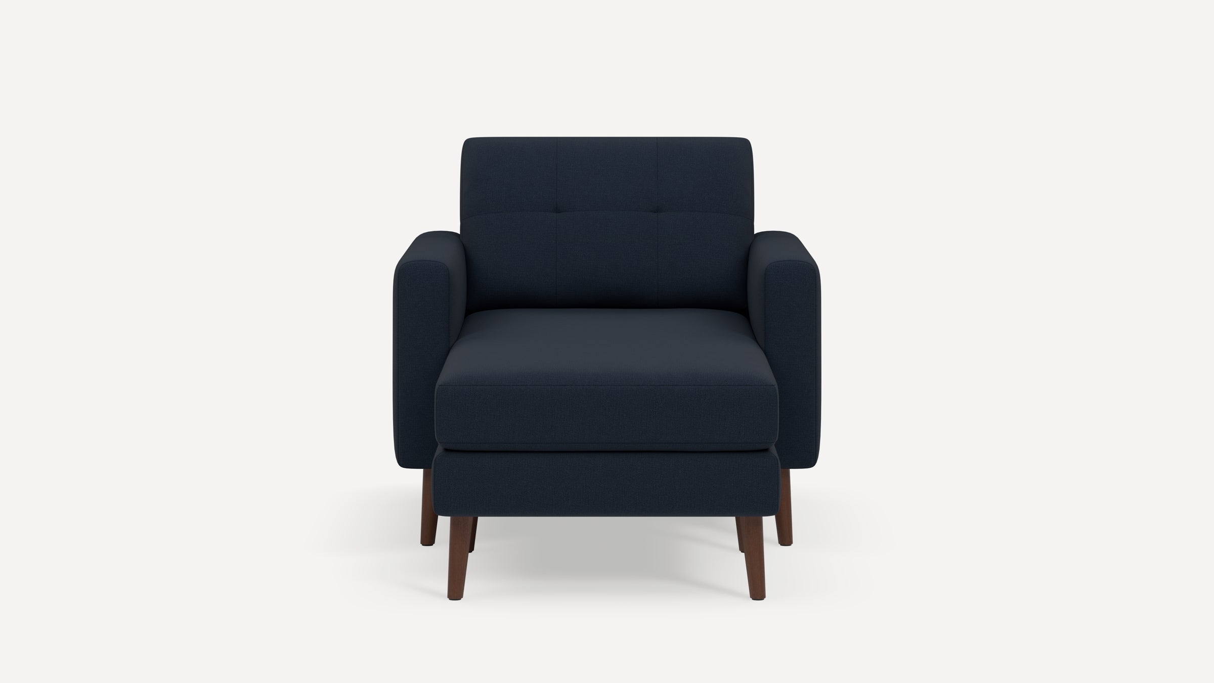 Front view of a modern dark blue upholstered armchair with wooden legs and a cushioned seat and backrest.