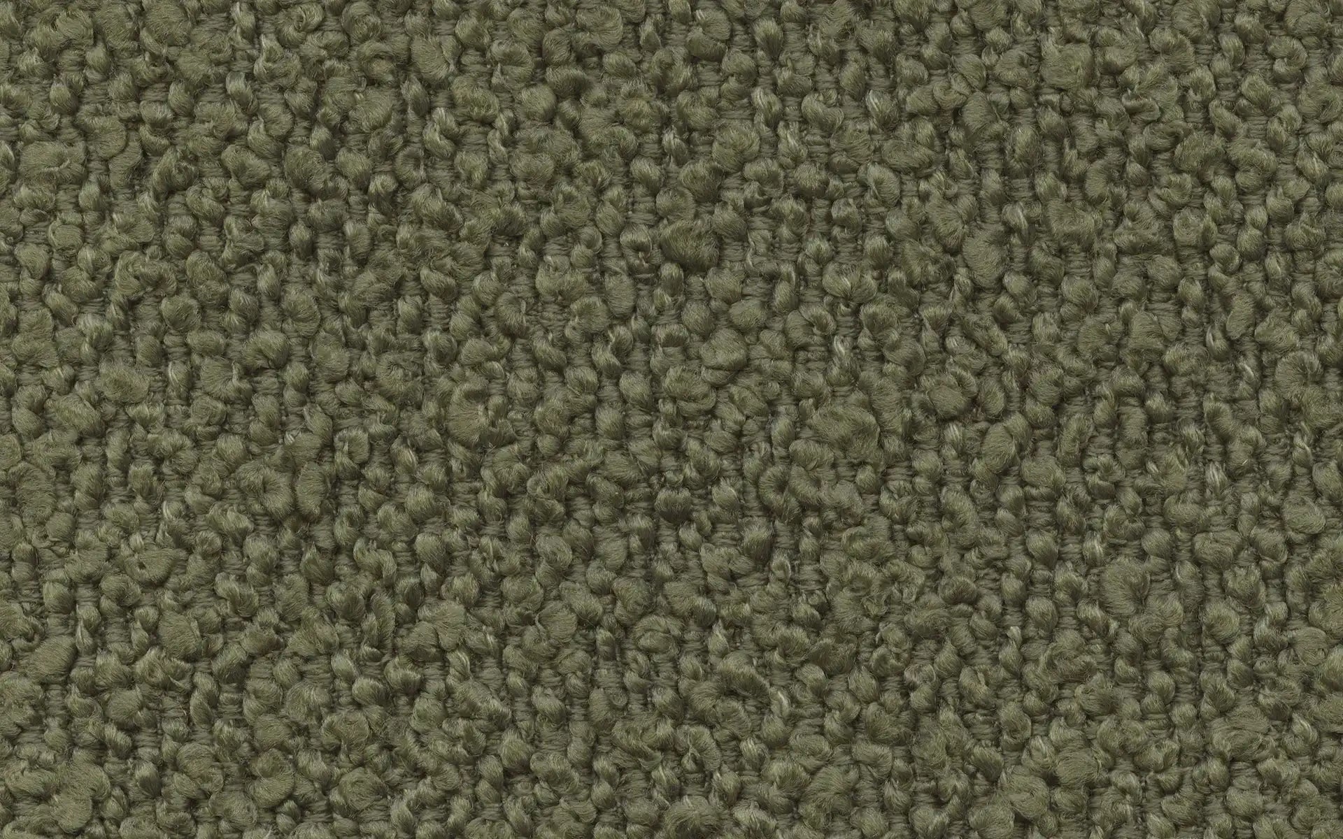 Close-up of textured looped pile carpet in a muted olive green shade, showcasing dense fibers and soft surface.