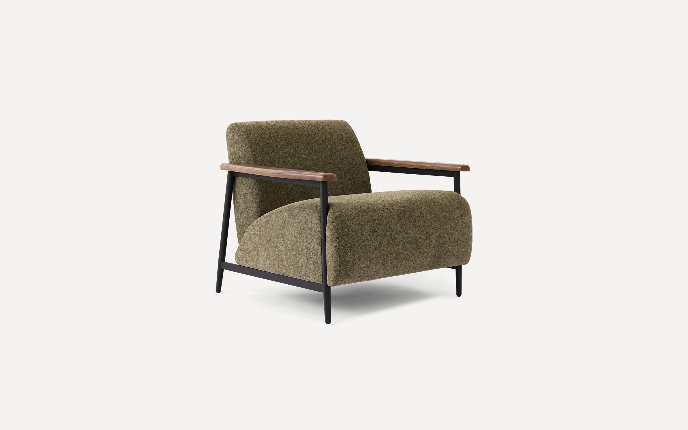 Modern olive green armchair with black metal frame and wooden armrests, cushioned seat, and backrest.