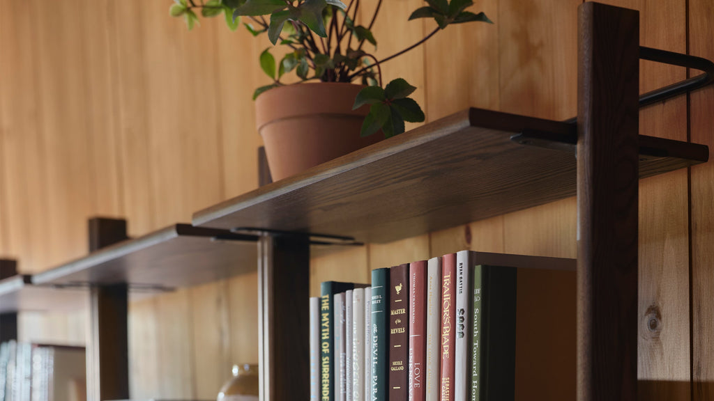 Close-up of a dark wooden wall-mounted shelf holding books and a terracotta potted plant against a light wood-paneled wall.