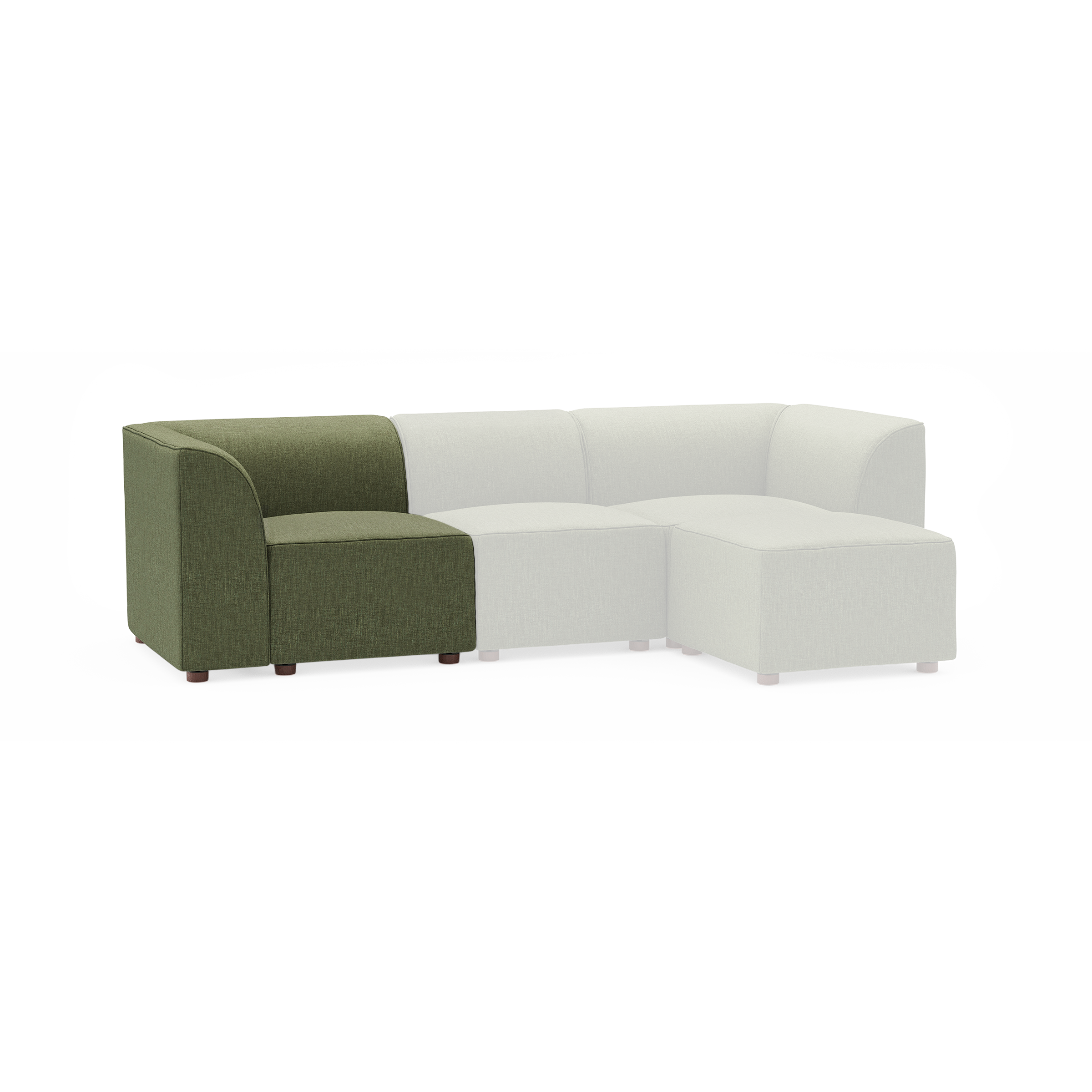 Green fabric modular corner sofa section with armrest and dark brown short legs, isolated on white background.
